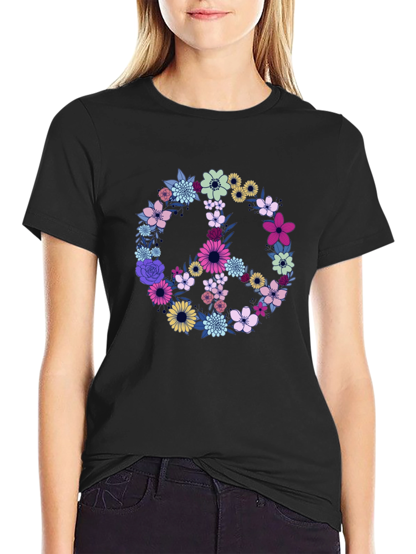 Black Floral Peace Sign Graphic T-Shirt view 2