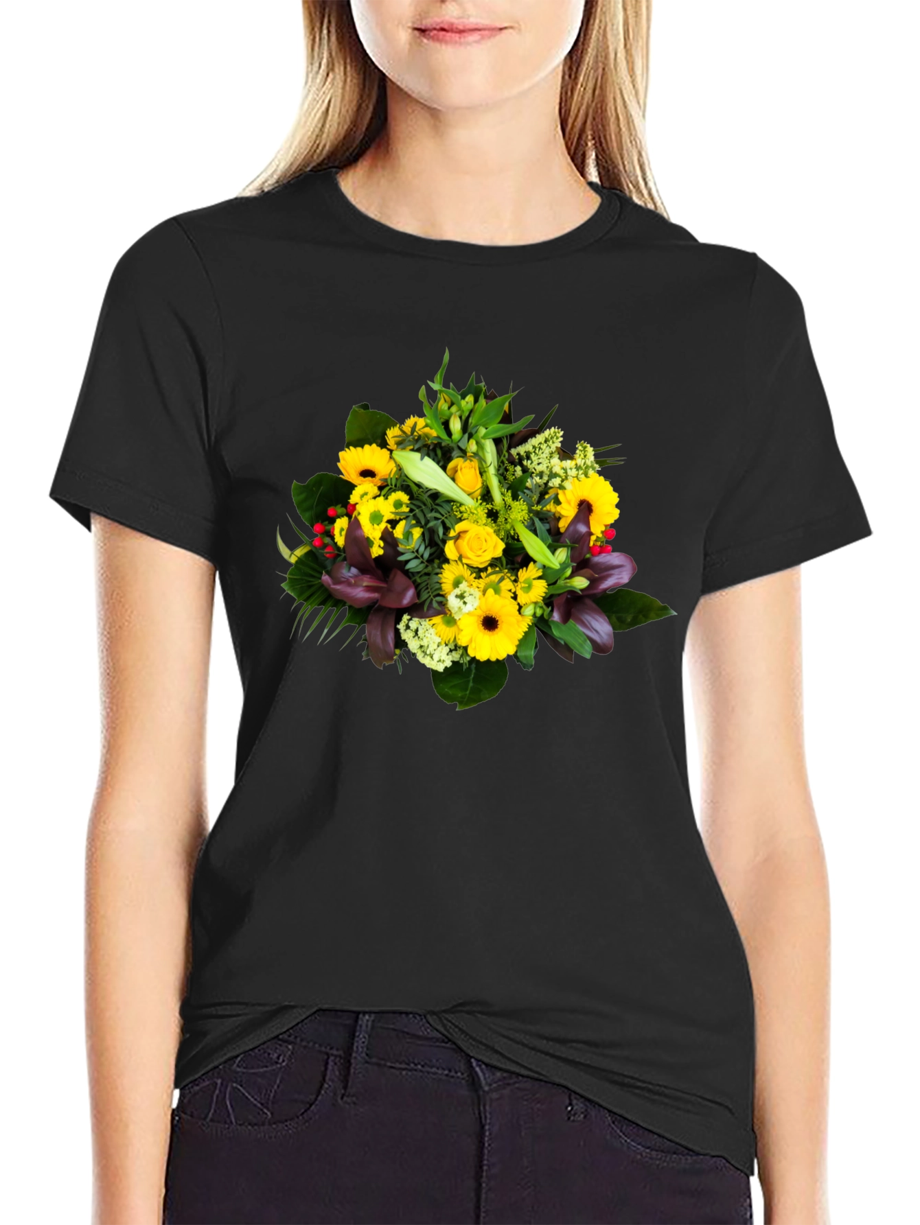 Black Floral Bouquet Graphic Tee - Unisex Black T-Shirt view 2