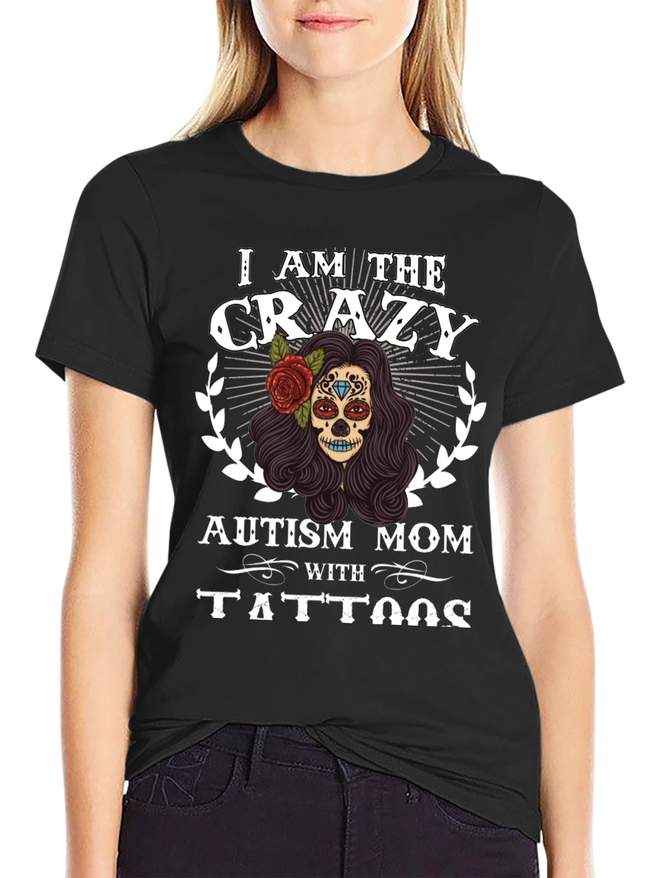 Black Crazy Autism Mom T-Shirt Sugar Skull Design view 2