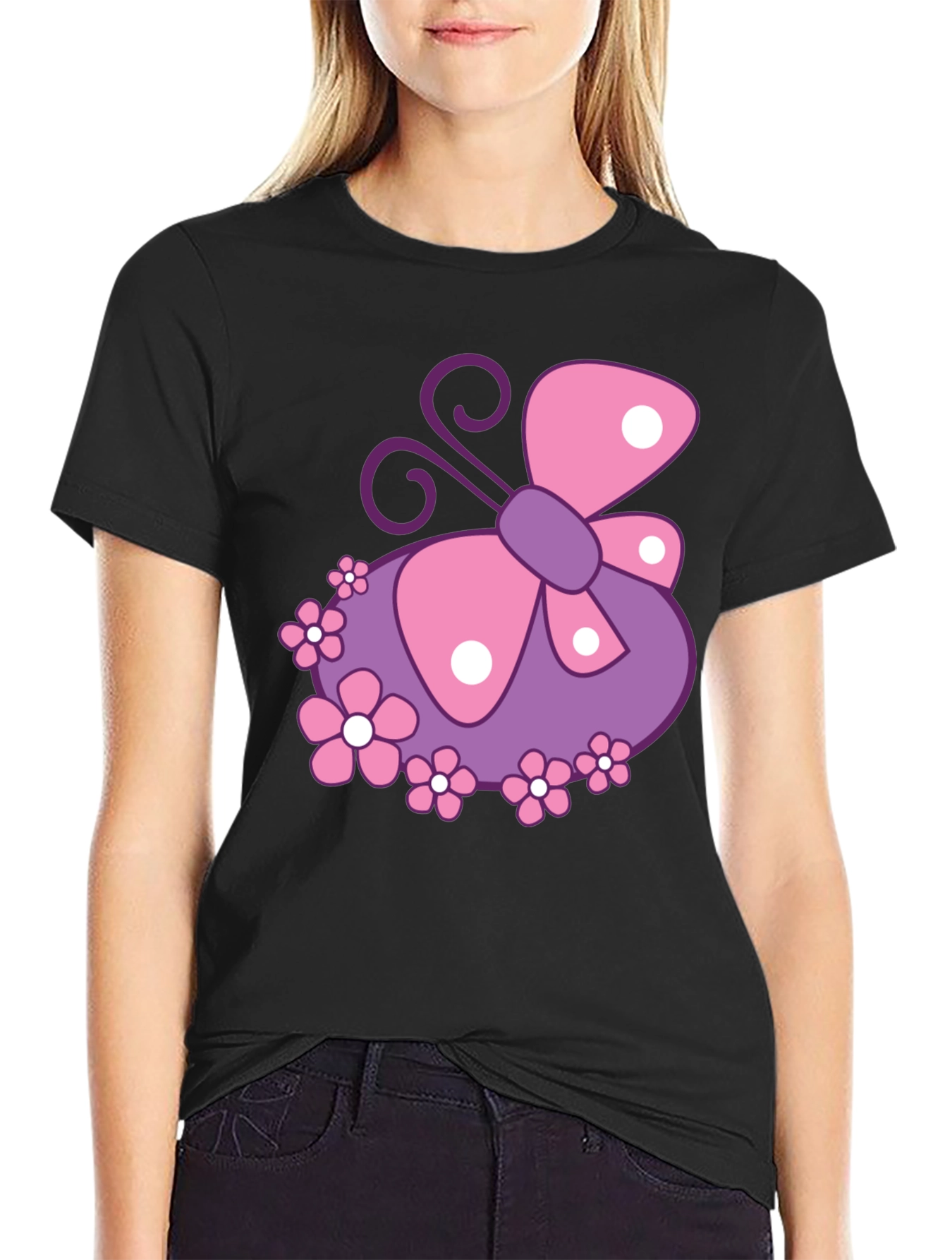 Black Butterfly & Flowers Graphic Black T-Shirt view 2