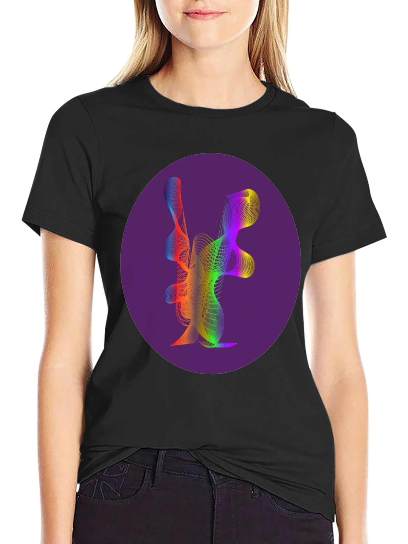 Black Abstract Rainbow Wave Graphic Tee view 2