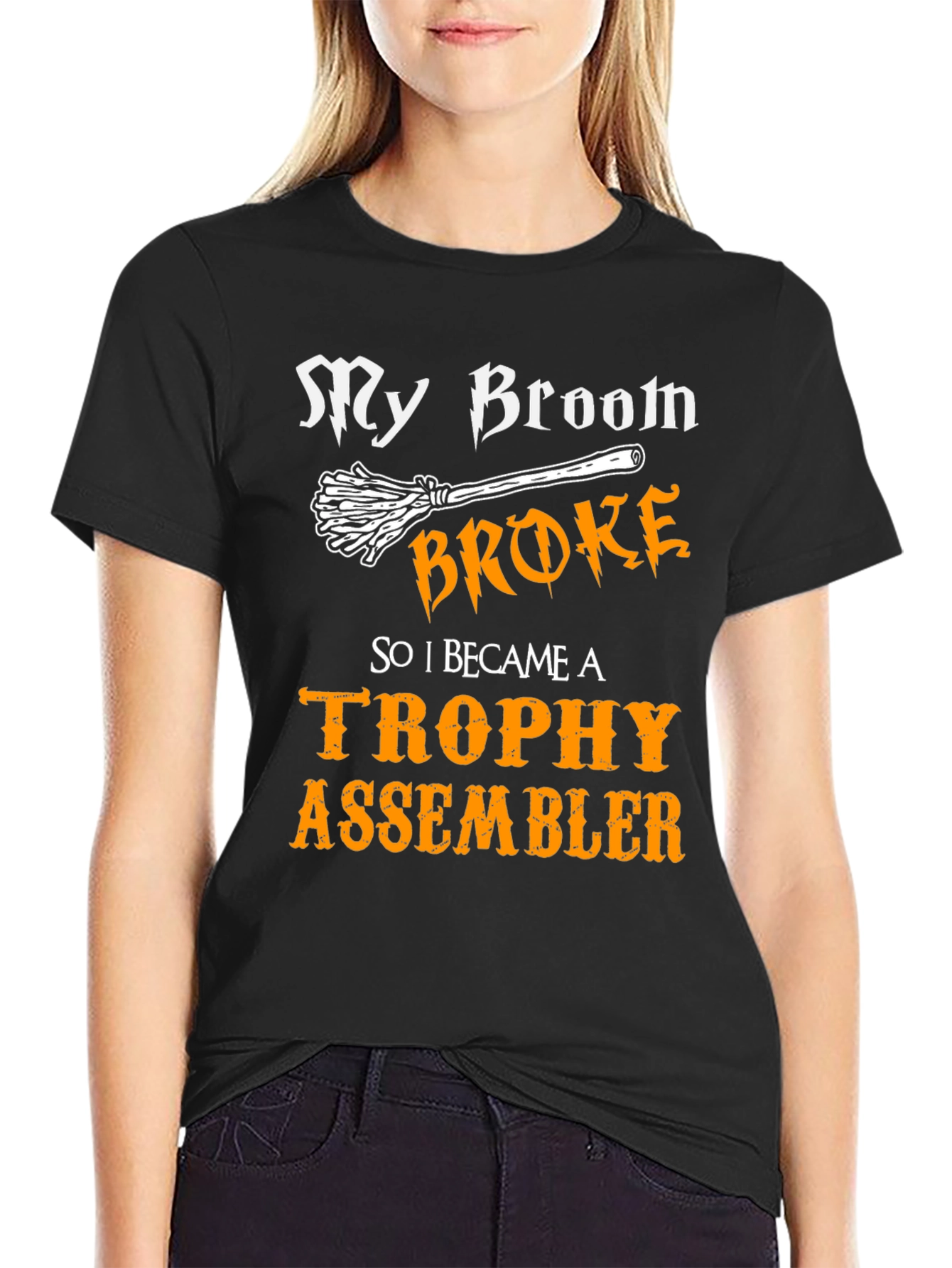 Black My Broom Broke Trophy Assembler Graphic Tee view 2