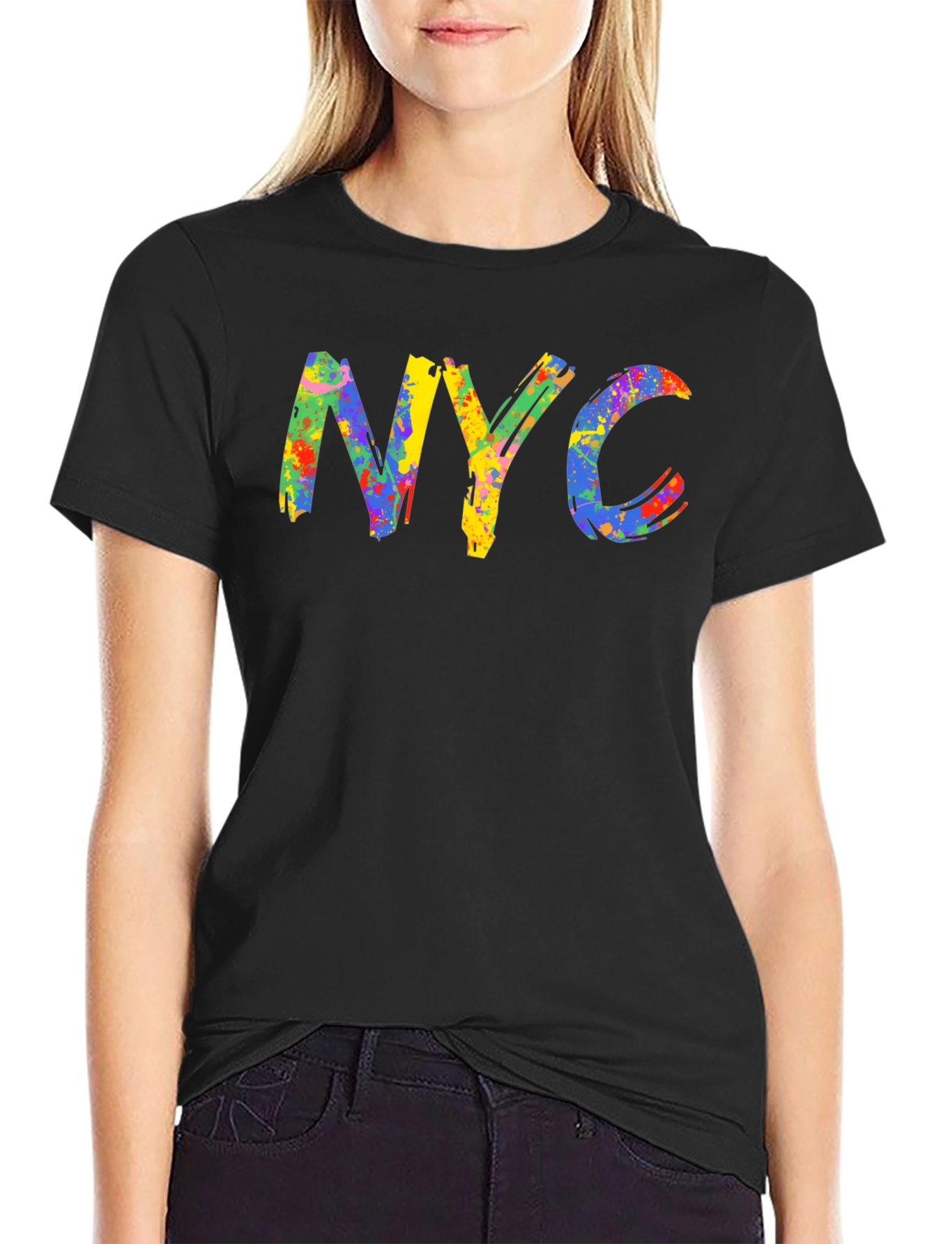 Black NYC Colorful Paint Splatter Graphic Tee view 2