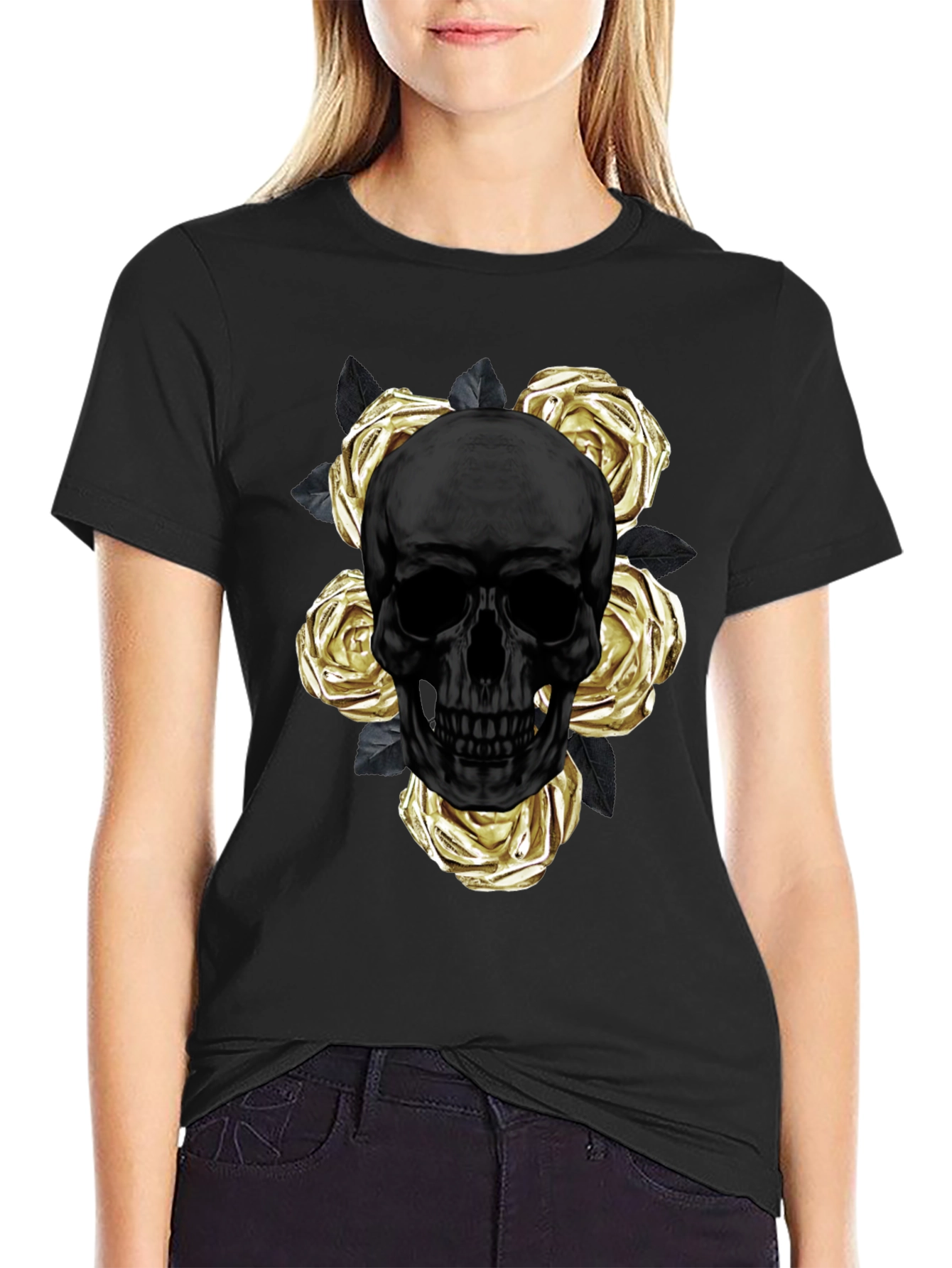 Black Skull & Roses Graphic Tee - Modern Style view 2