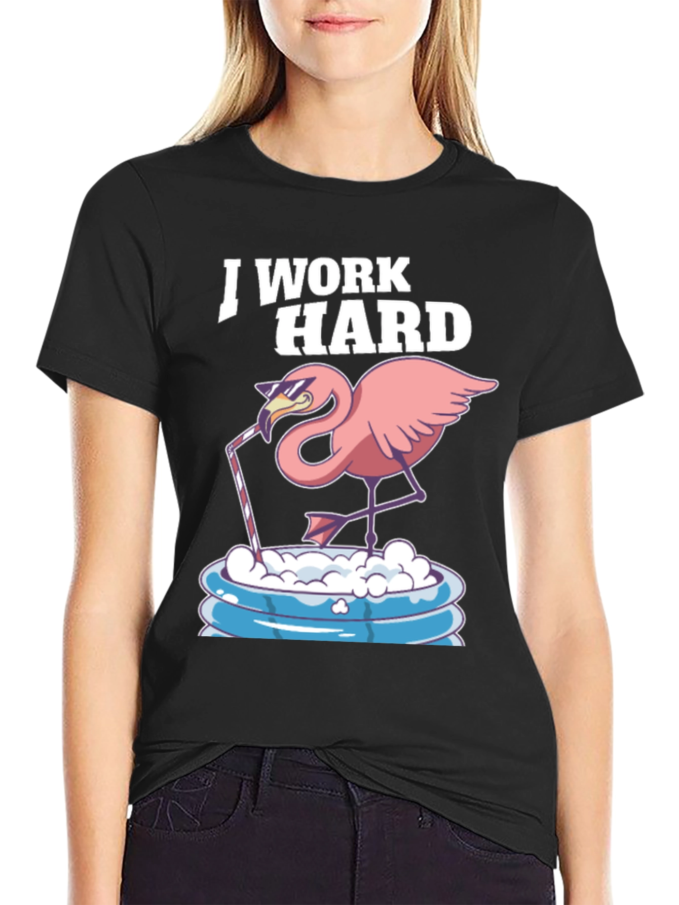 Black I Work Hard Flamingo T-Shirt - Relaxed Poolside Style view 2