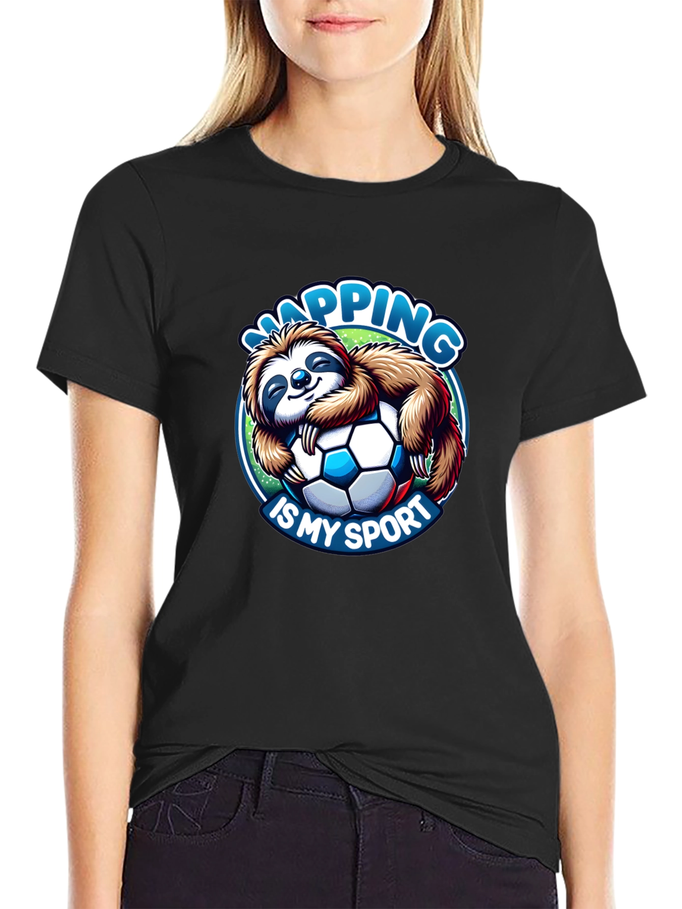 Black Napping is My Sport Sloth Soccer T-Shirt view 2