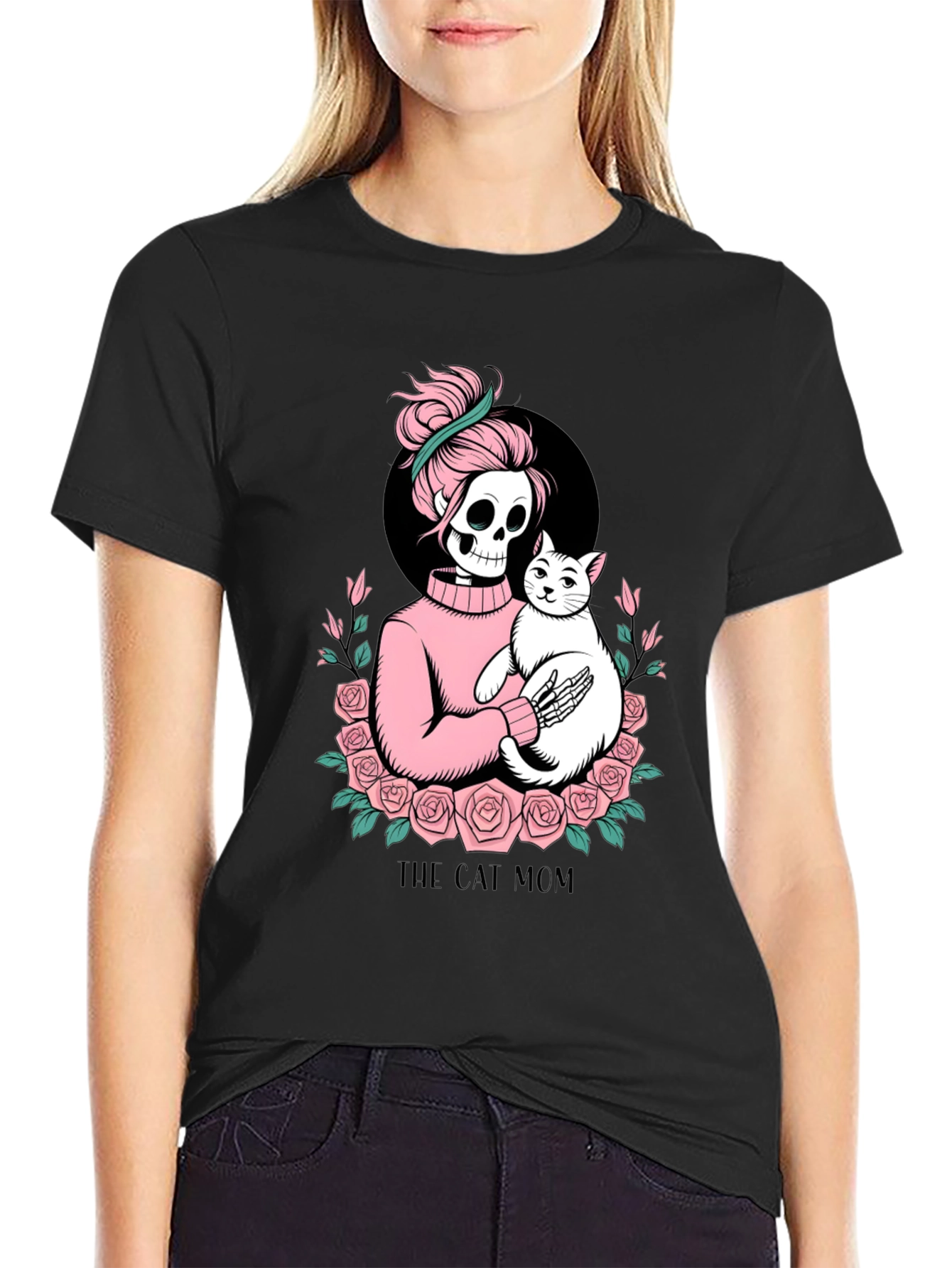 Black Skeleton Cat Mom Graphic Tee - Black view 2
