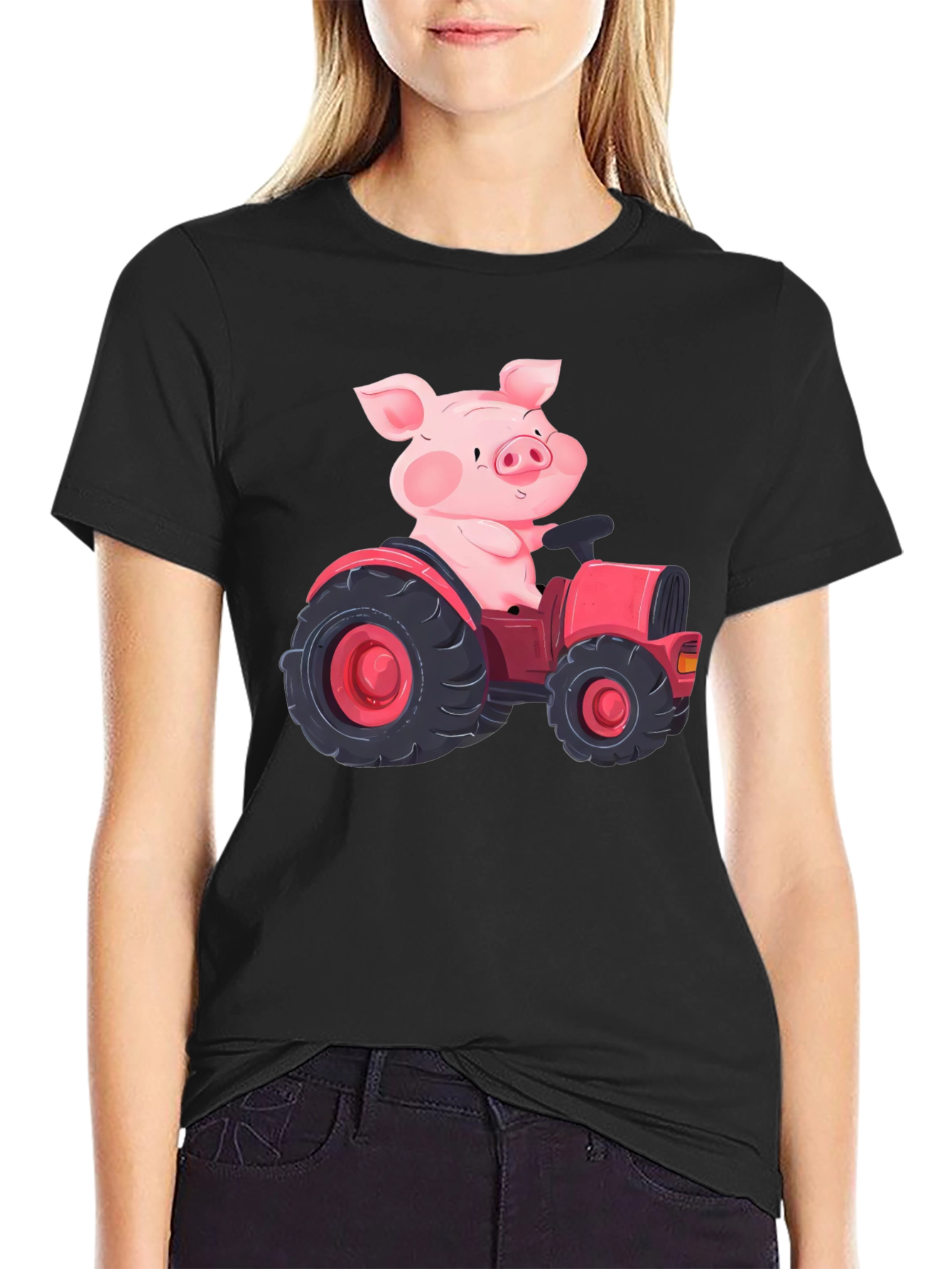 Black Pig Driving Tractor Graphic T-Shirt view 2