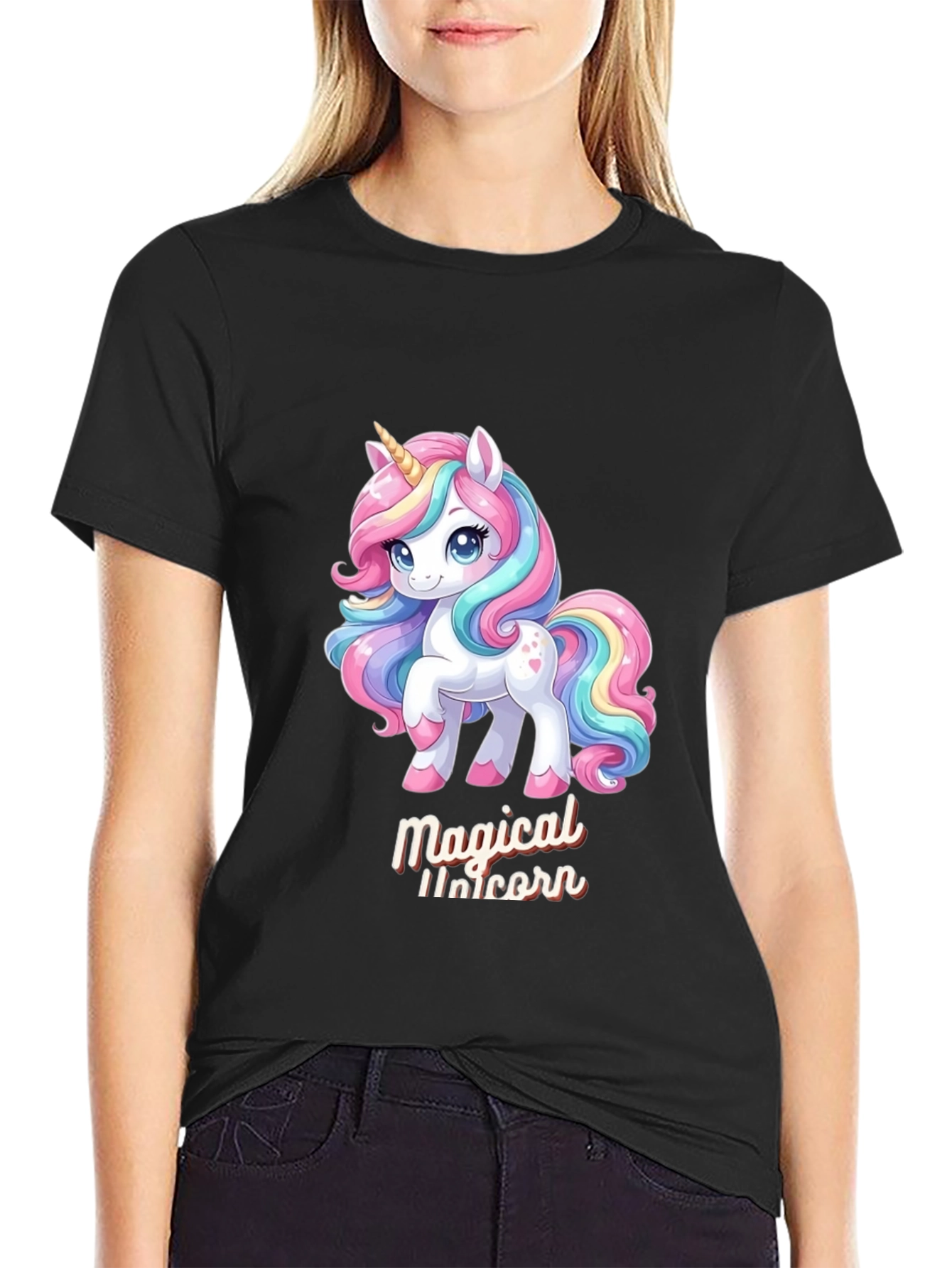 Black Magical Unicorn Graphic Tee - Black Cotton Comfort view 2