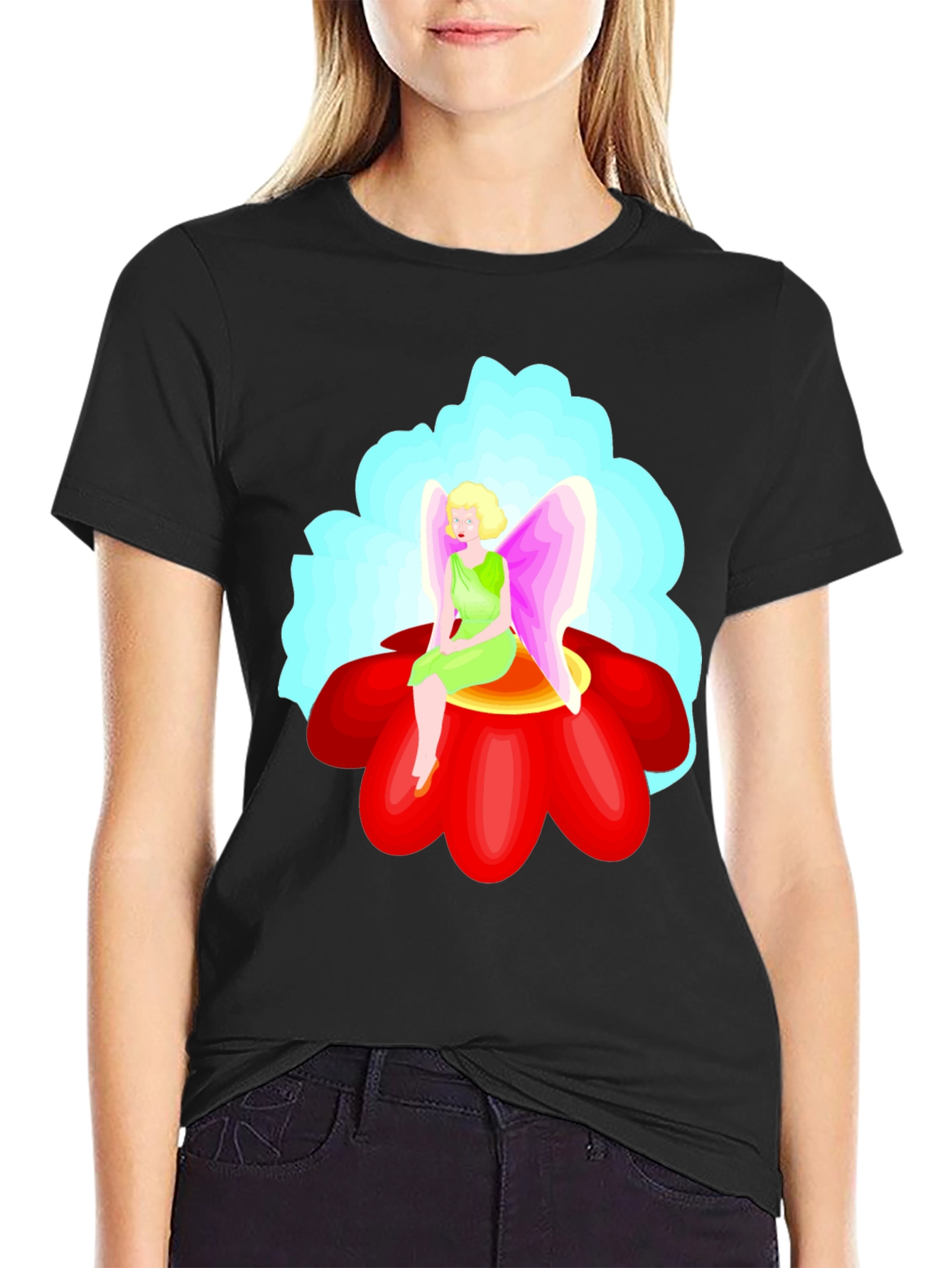 Black Fairy Flower T-Shirt - Unique Graphic Tee view 2