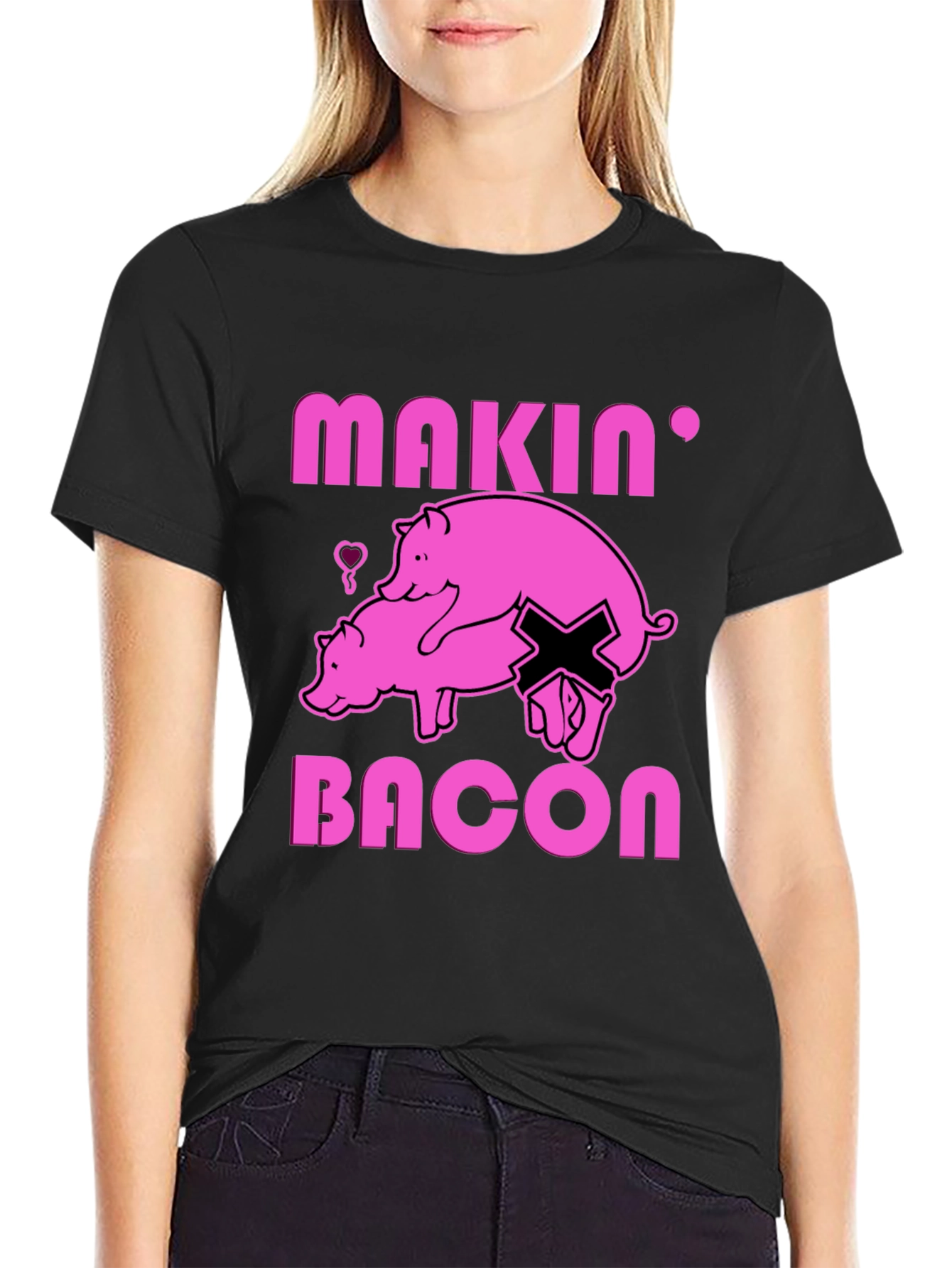 Black Makin' Bacon Graphic T-Shirt - Funny Pig Design view 2