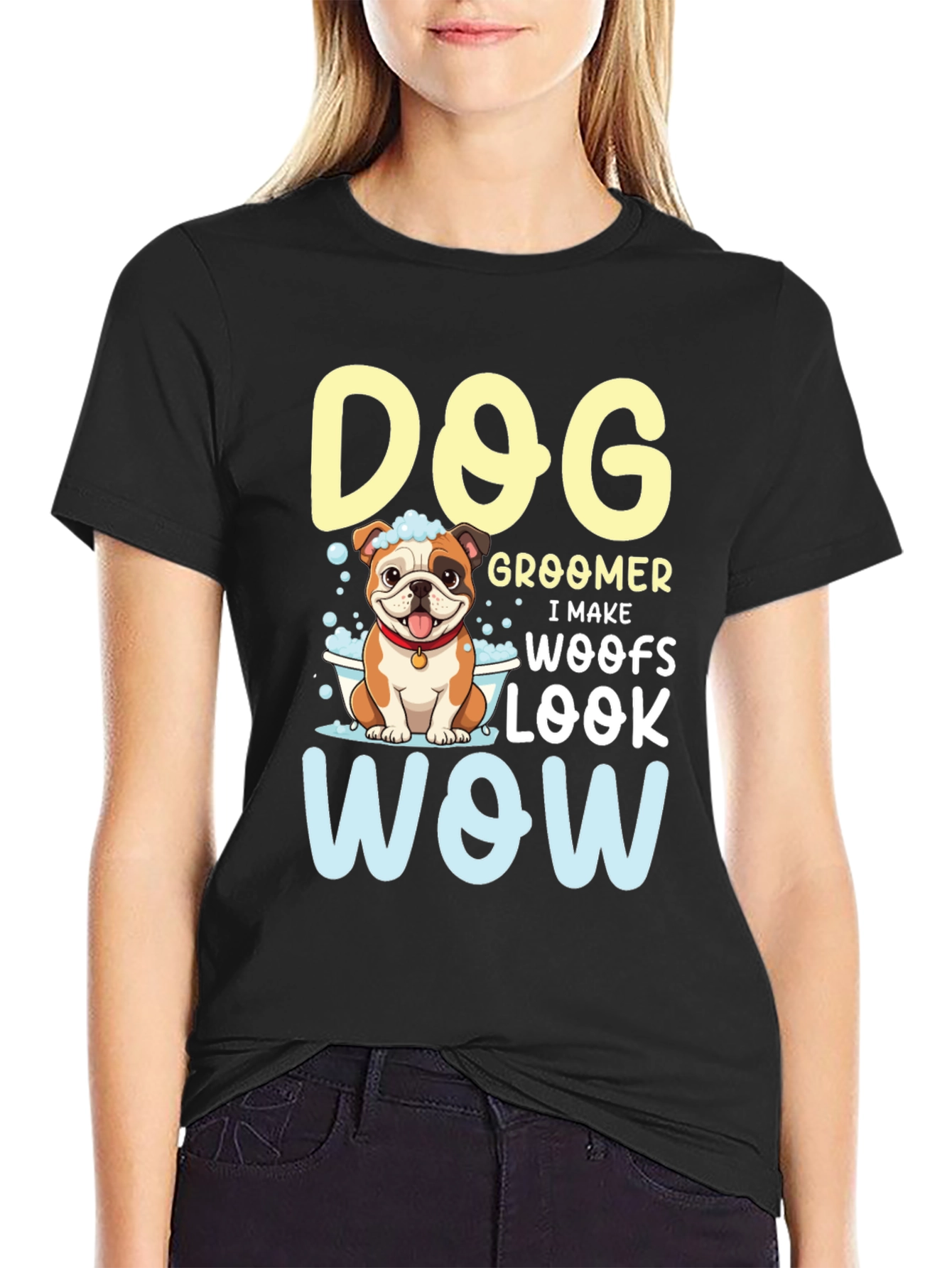 Black Dog Groomer T-Shirt - I Make Woofs Look WOW view 2