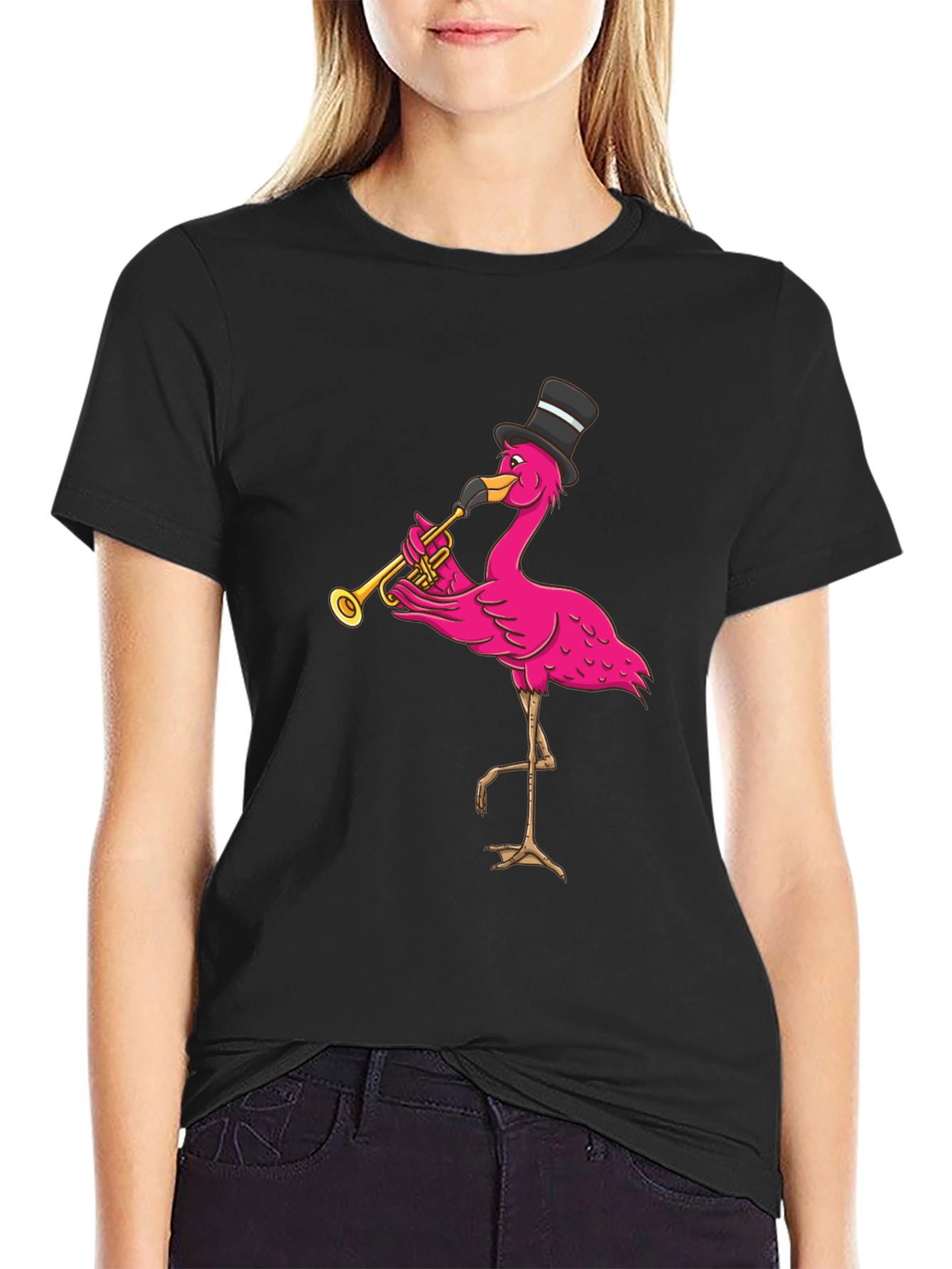 Black Flamingo Trumpet Player T-Shirt - Novelty Graphic Tee view 2