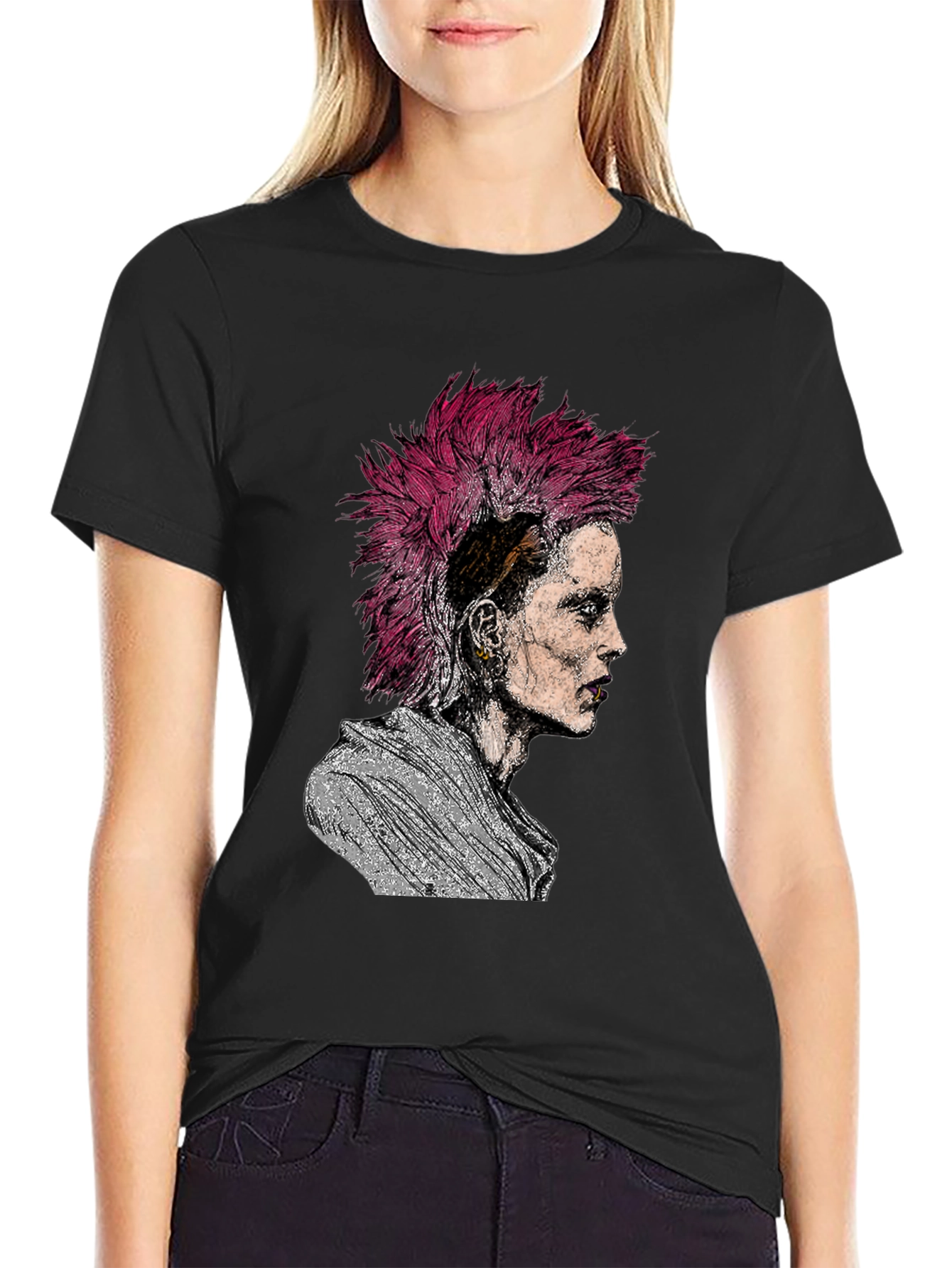Black Punk Rock Portrait Graphic Tee - Black view 2