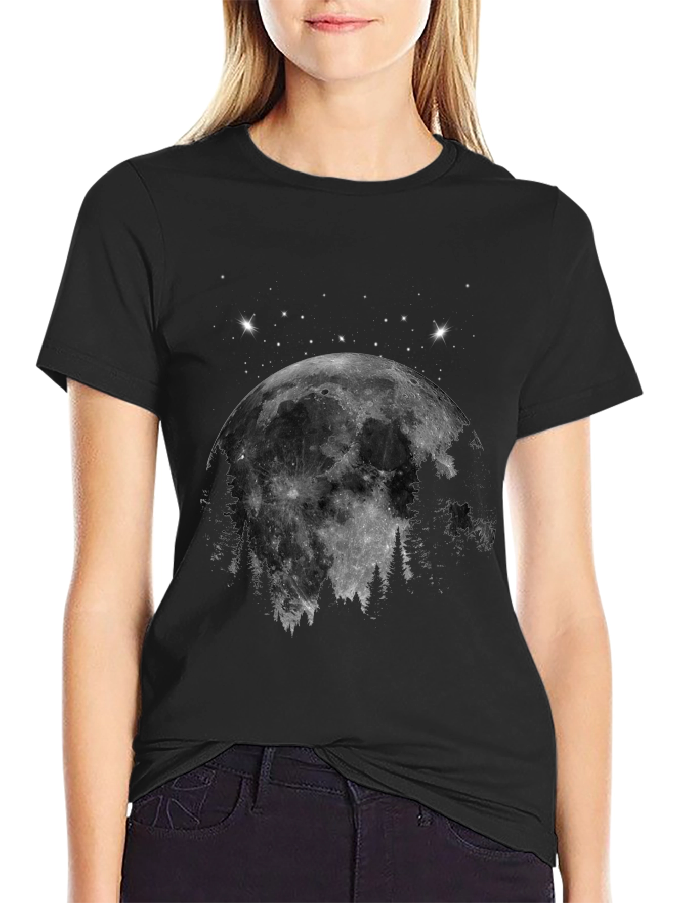 Black Moonlit Forest Graphic Tee - Black Cotton Blend view 2