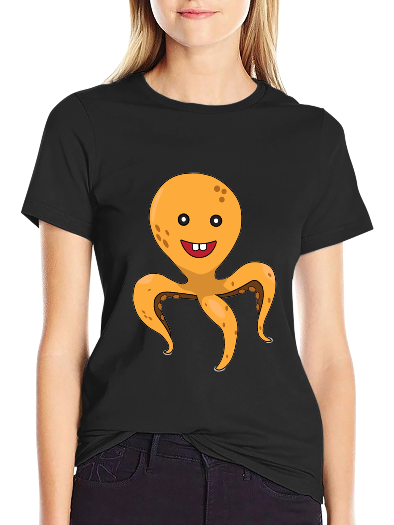 Black Cute Octopus Graphic Tee - Black Cotton T-Shirt view 2