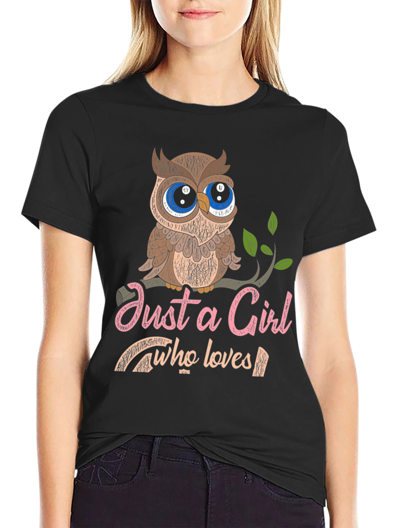 Black Just a Girl Who Loves Owls Graphic T-Shirt view 2