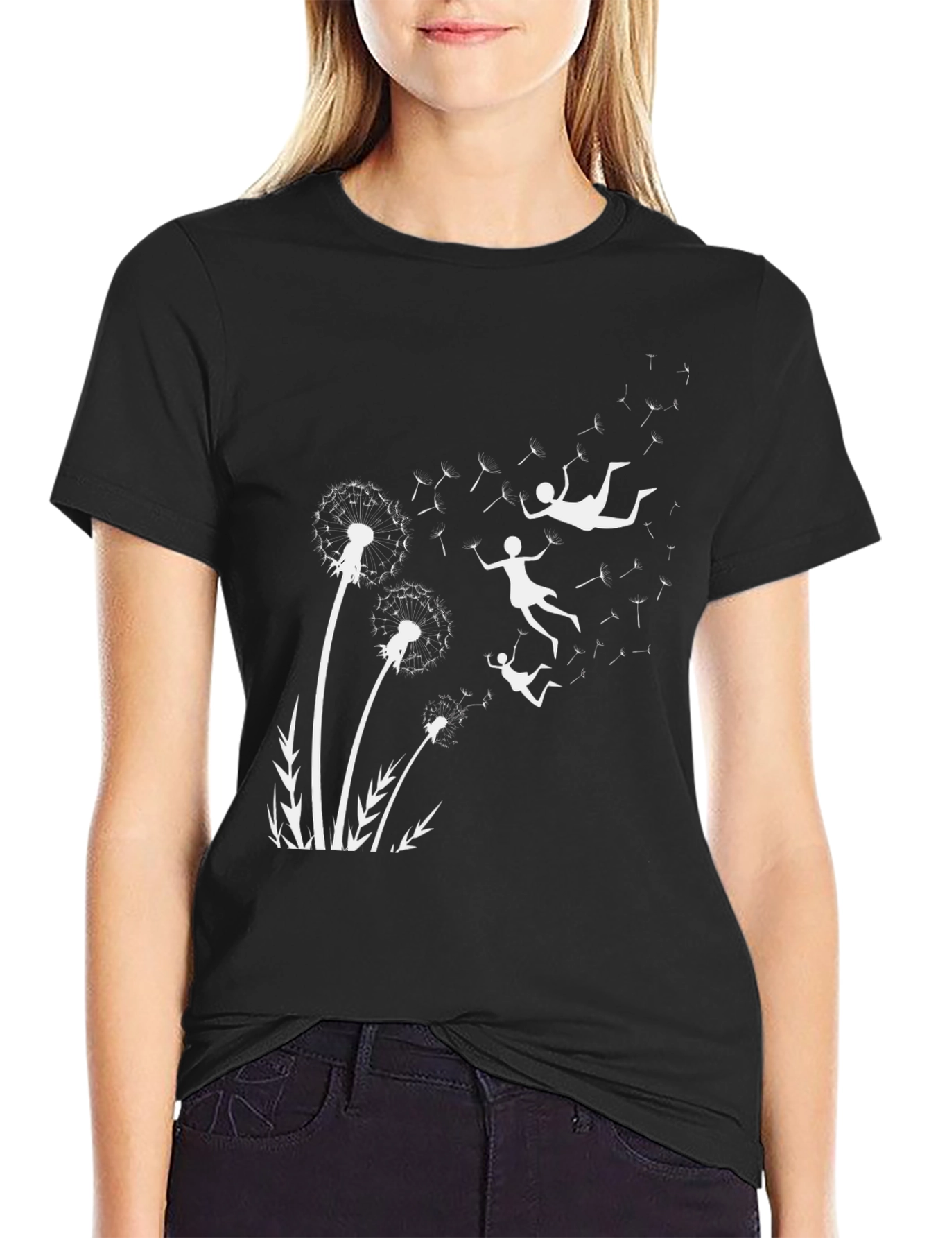 Black Whimsical Dandelion Dream T-Shirt view 2