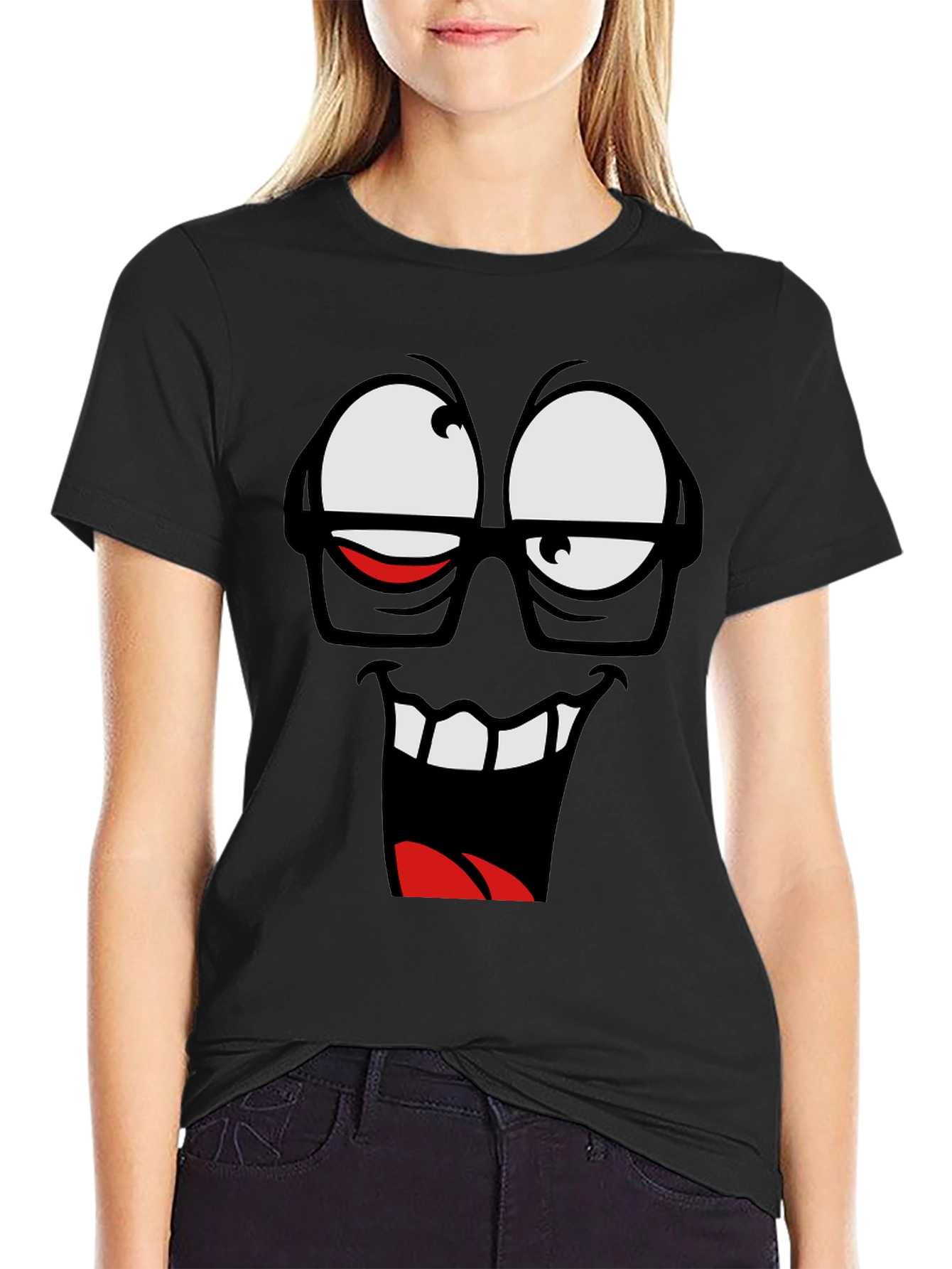 Black Funny Face Graphic T-Shirt - Black Crew Neck Tee view 2