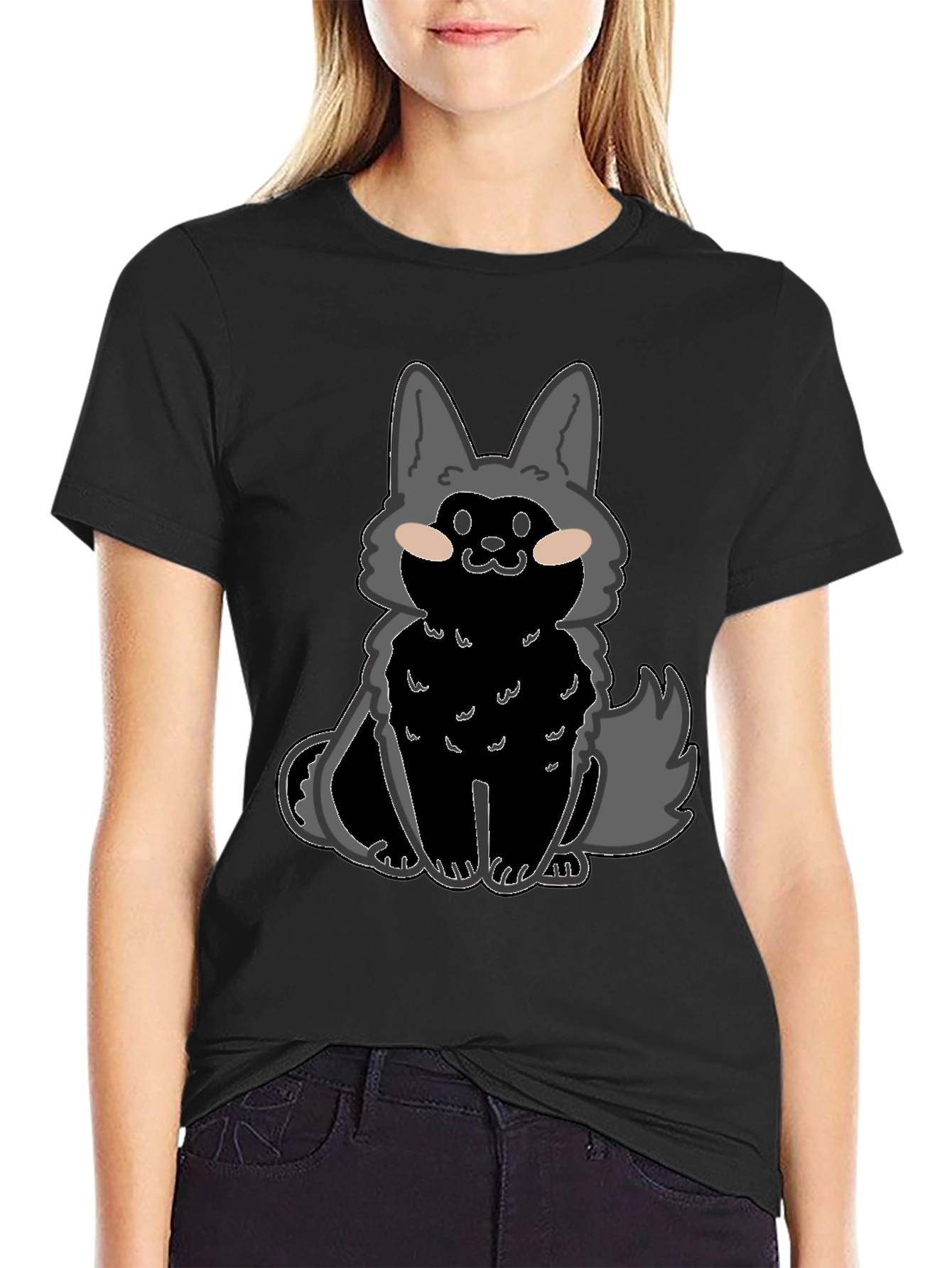 Black Cartoon Wolf Graphic T-Shirt view 2
