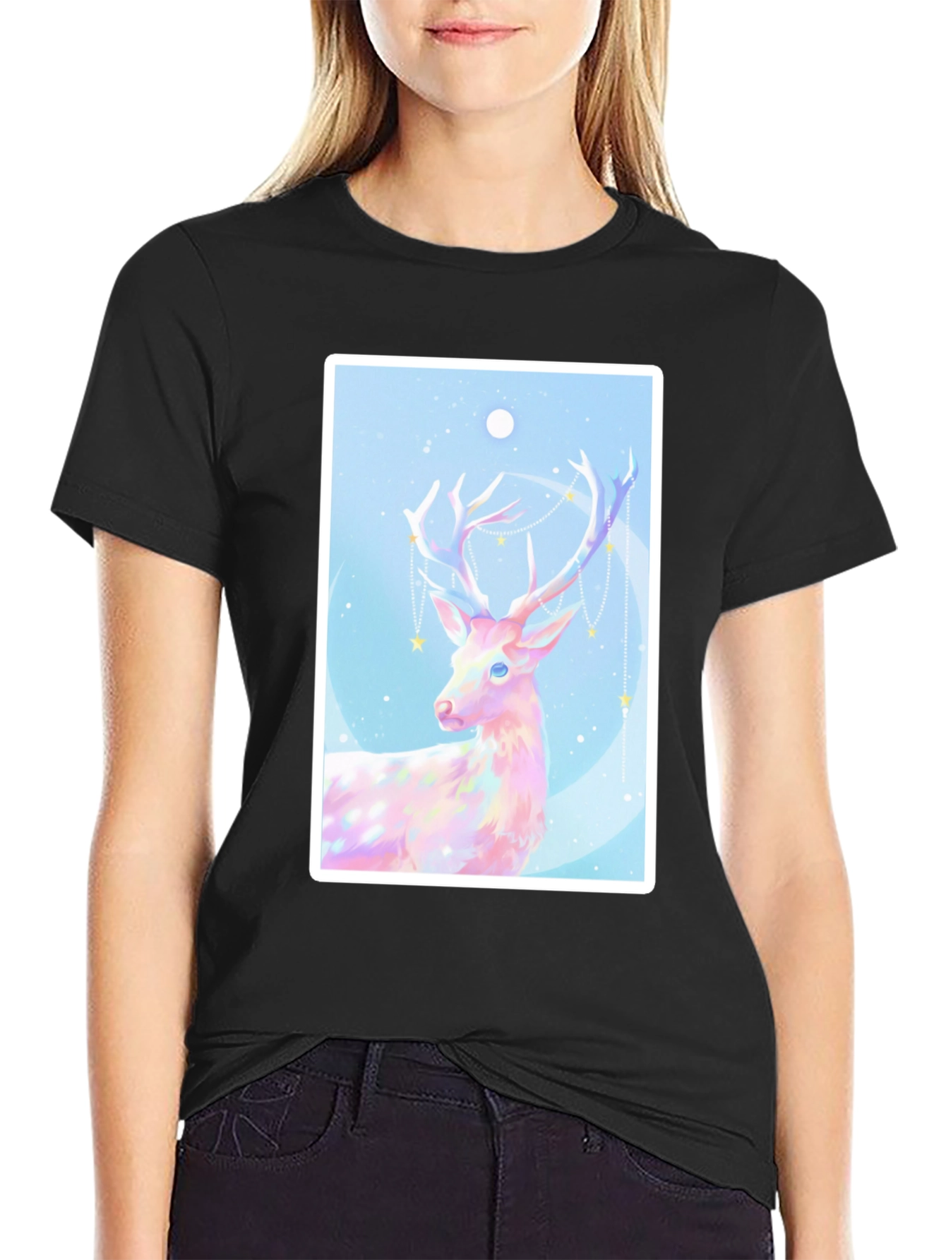 Black Mystical Deer Graphic Tee - Black Cotton Blend view 2