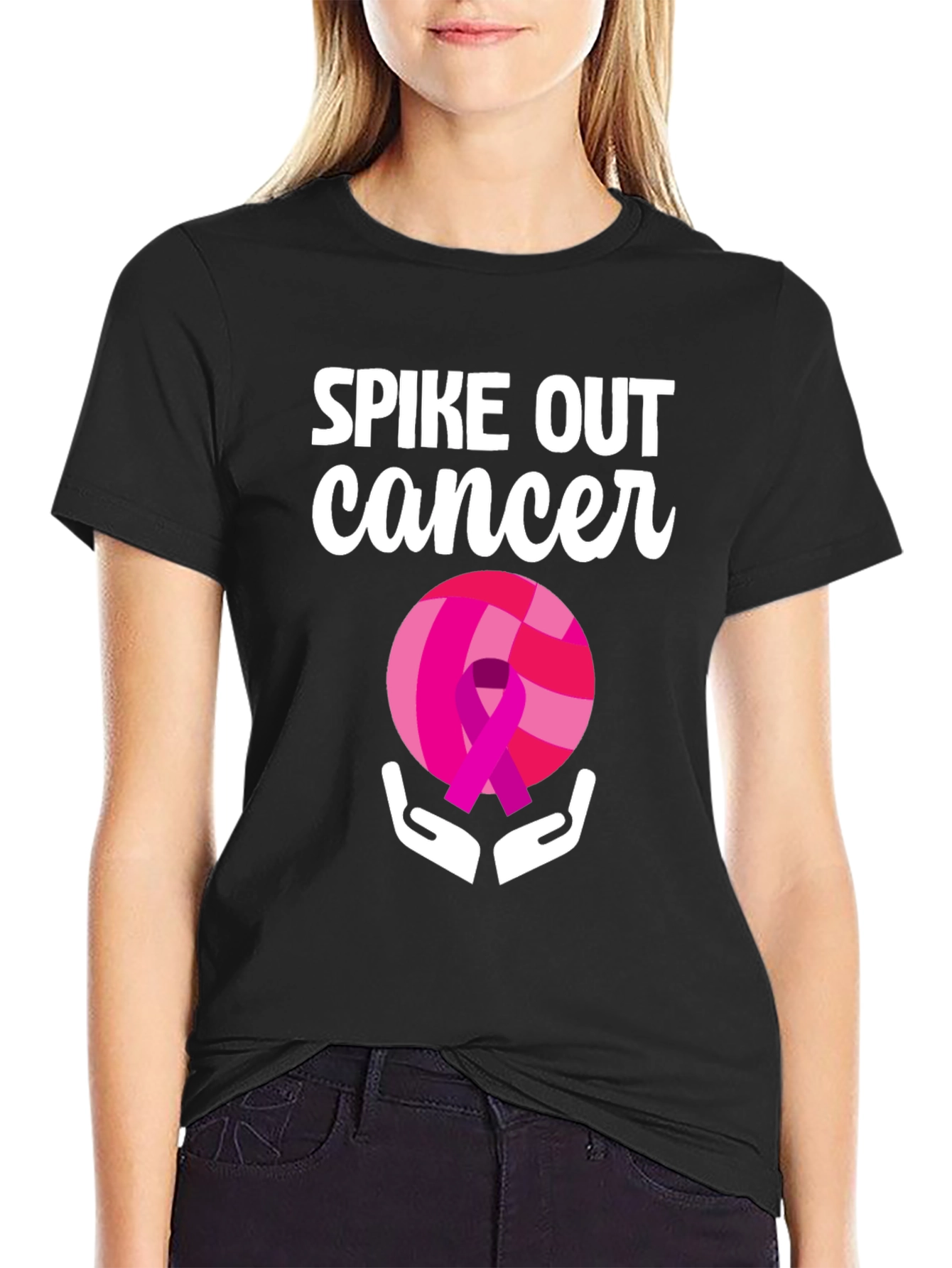 Black Spike Out Cancer Volleyball T-Shirt view 2