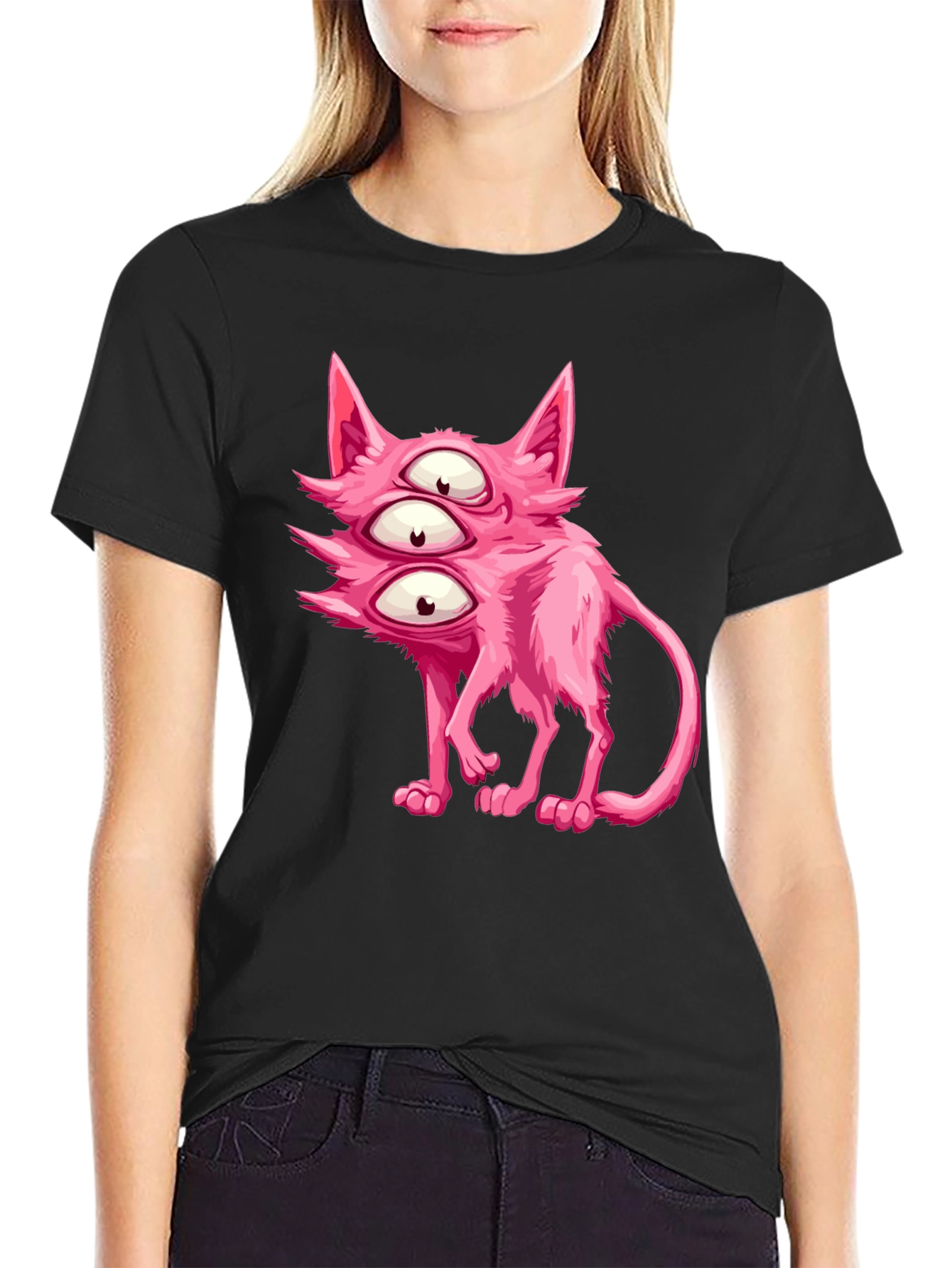 Black Three-Eyed Pink Monster Cat Graphic Tee view 2