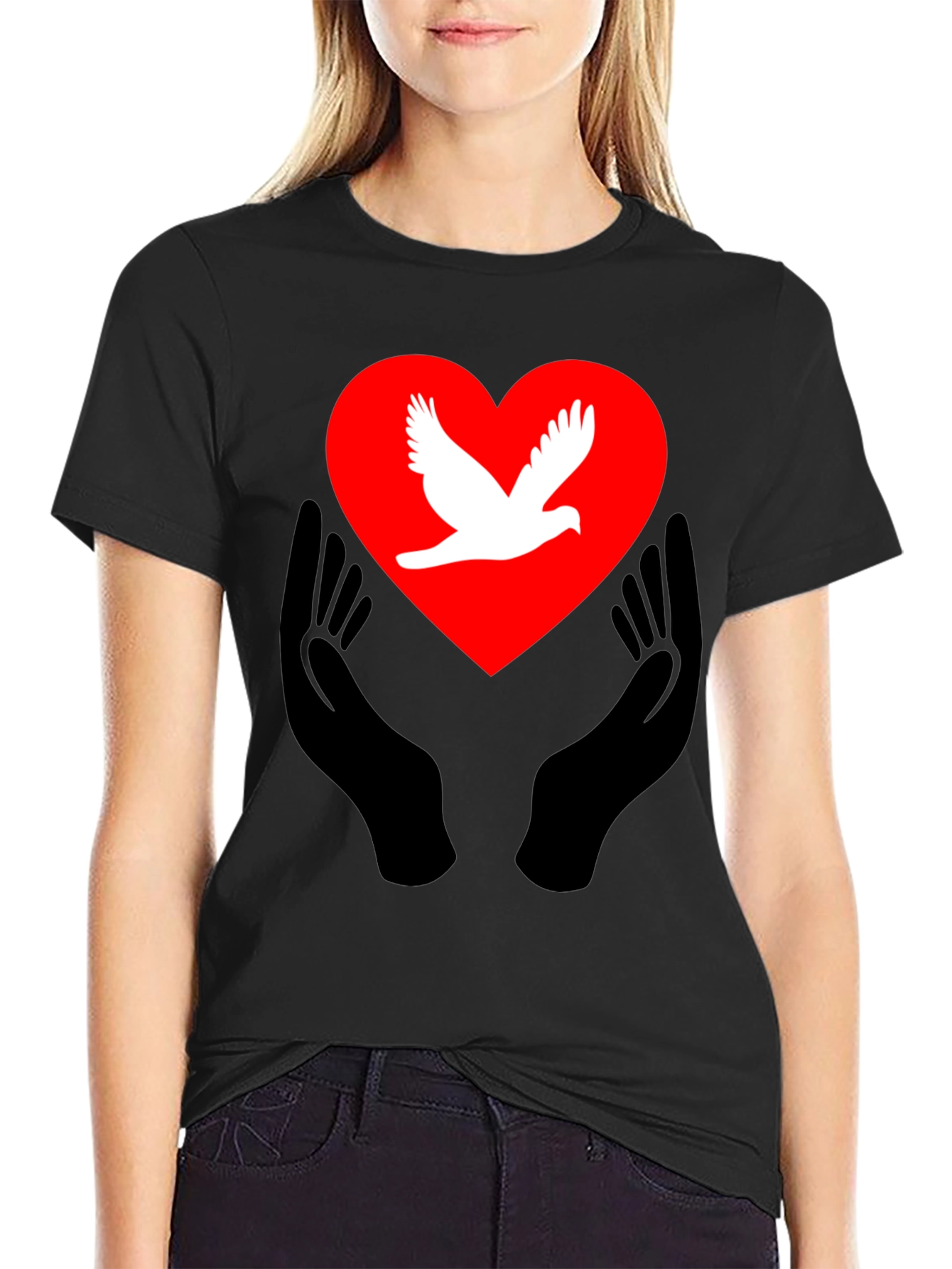 Black Peace Dove Heart Graphic Tee - Black Unisex T-Shirt view 2