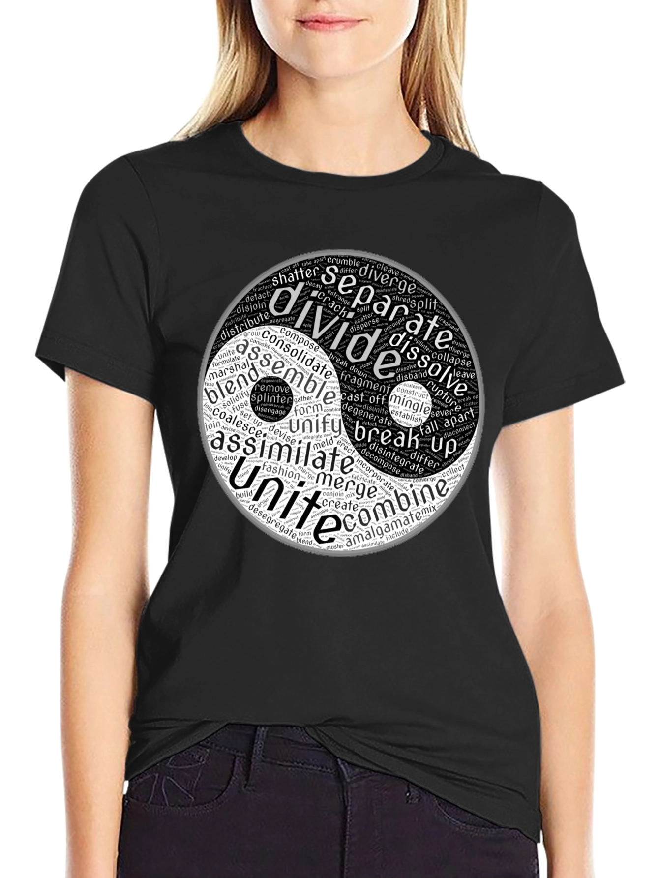 Black Yin Yang Word Art Graphic T-Shirt view 2
