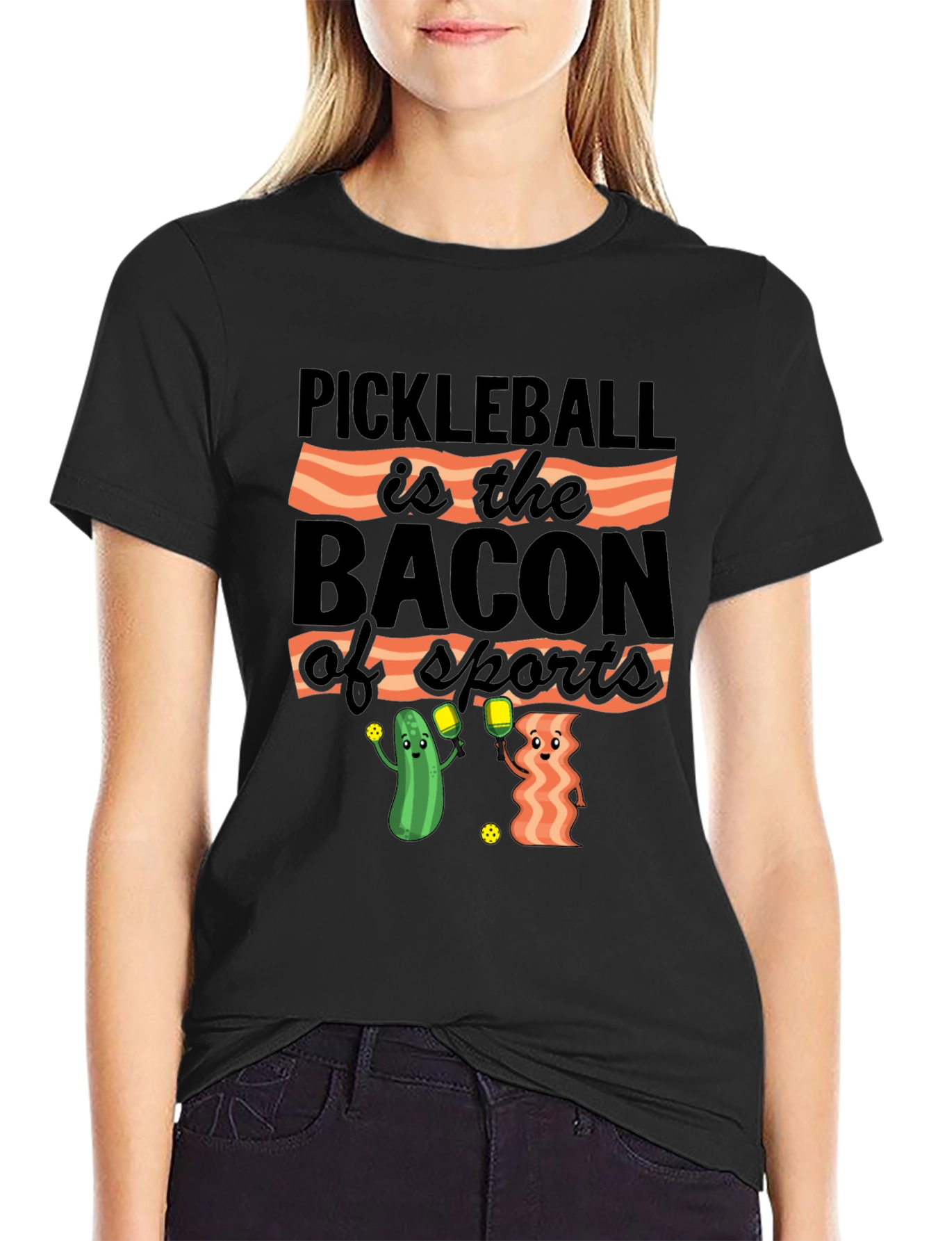 Black Pickleball & Bacon T-Shirt: Sports Humor Tee view 2