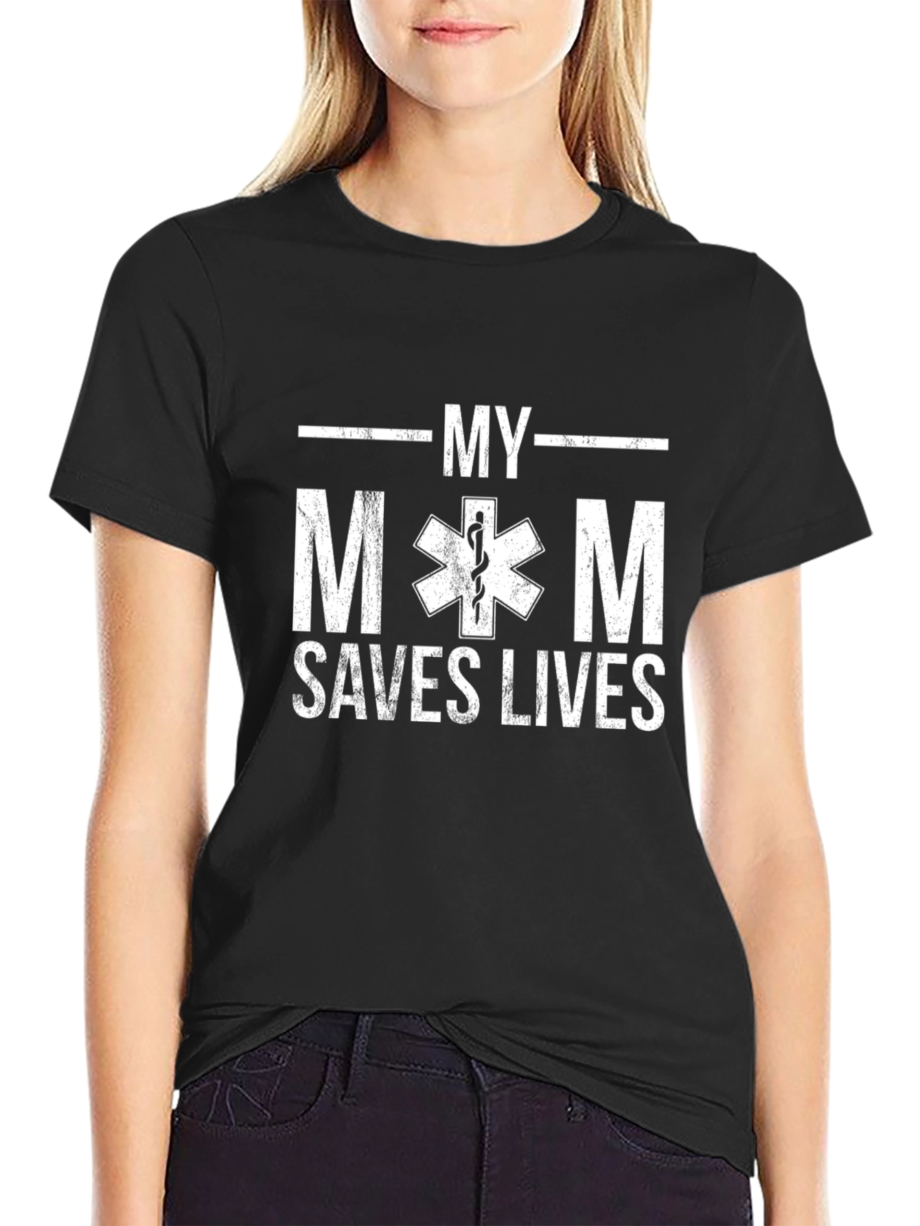 Black My Mom Saves Lives T-Shirt - EMS Star Design view 2