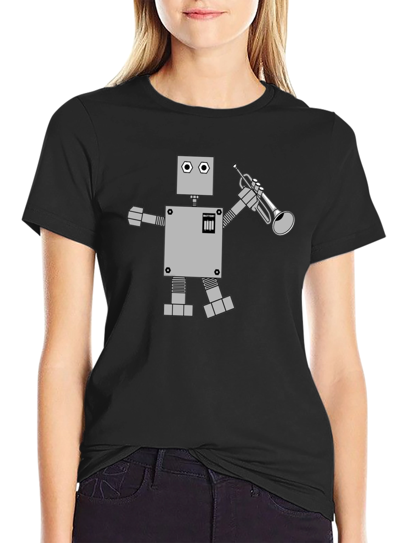 Black Robot Musician Graphic Tee - Black Cotton T-Shirt view 2