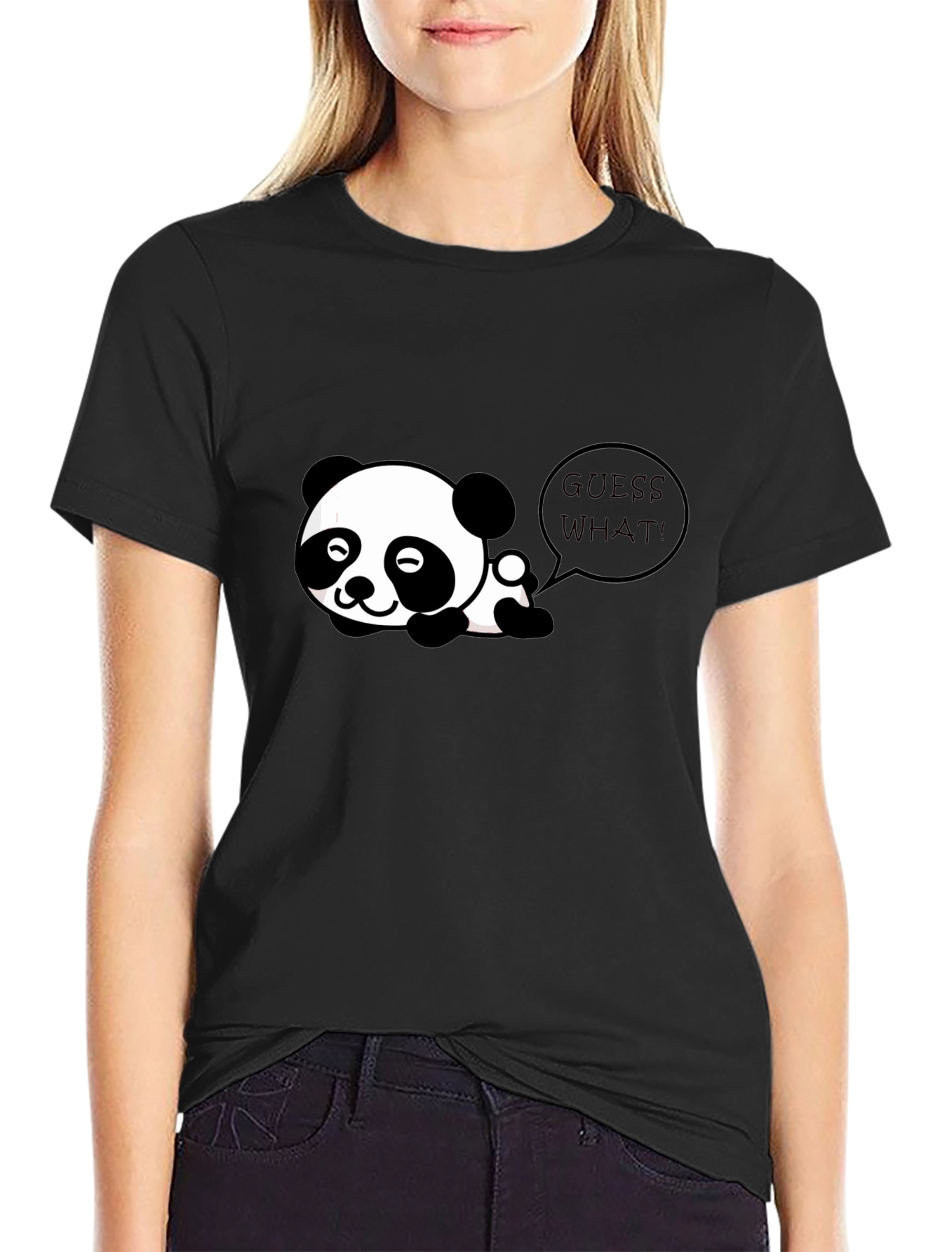 Black Cute Panda "Guess What!" Black T-Shirt view 2