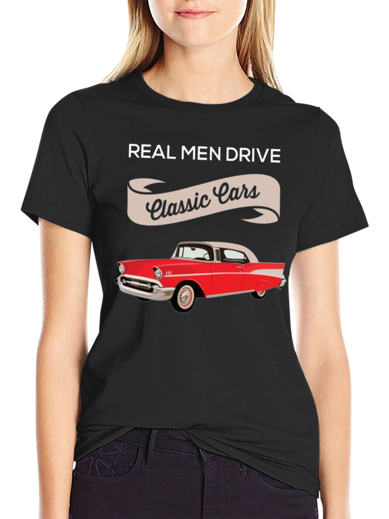 Black Real Men Drive Classic Cars T-Shirt view 2