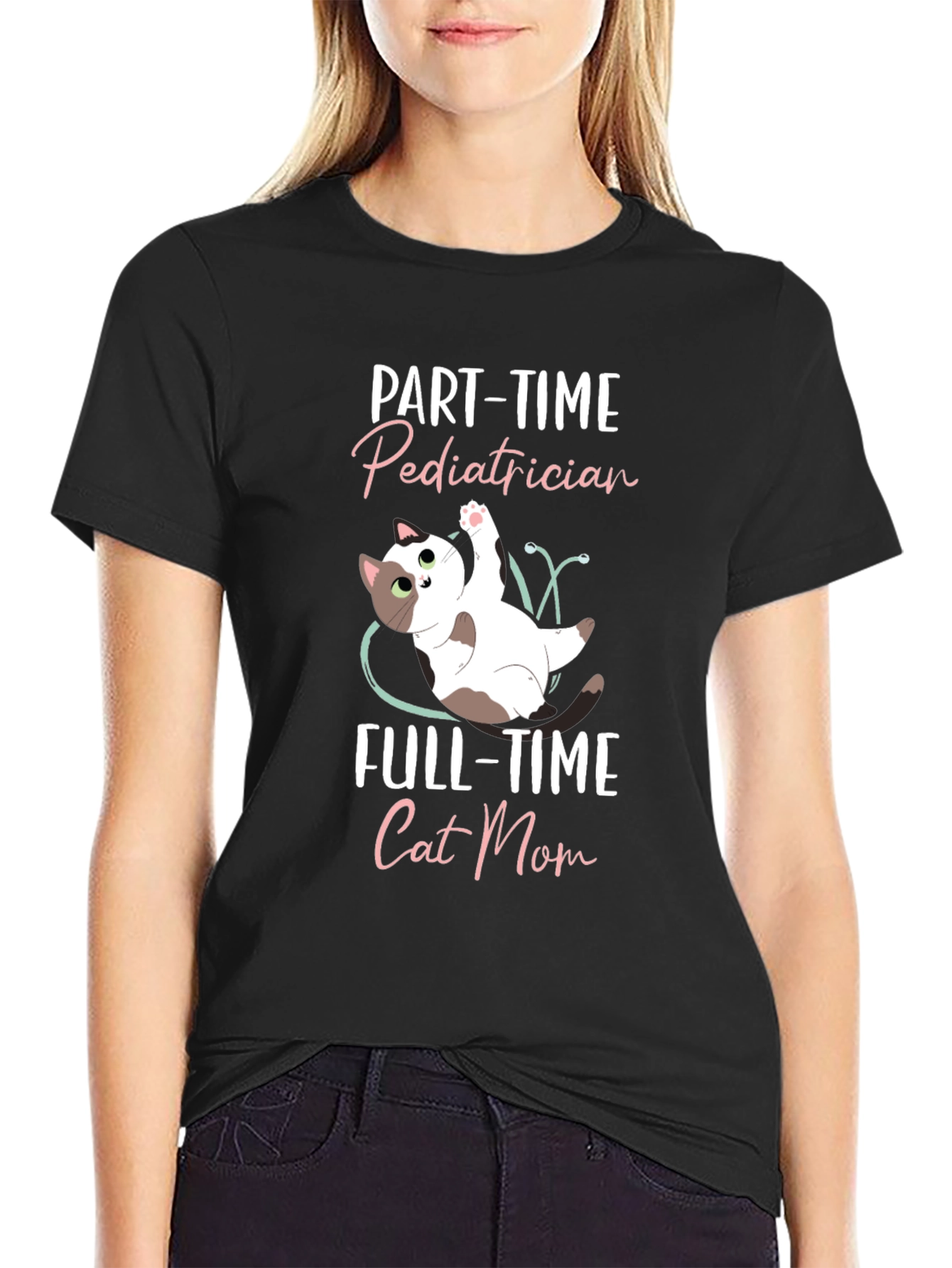 Black Pediatrician Cat Mom T-Shirt - Cute Cat Lover Tee view 2