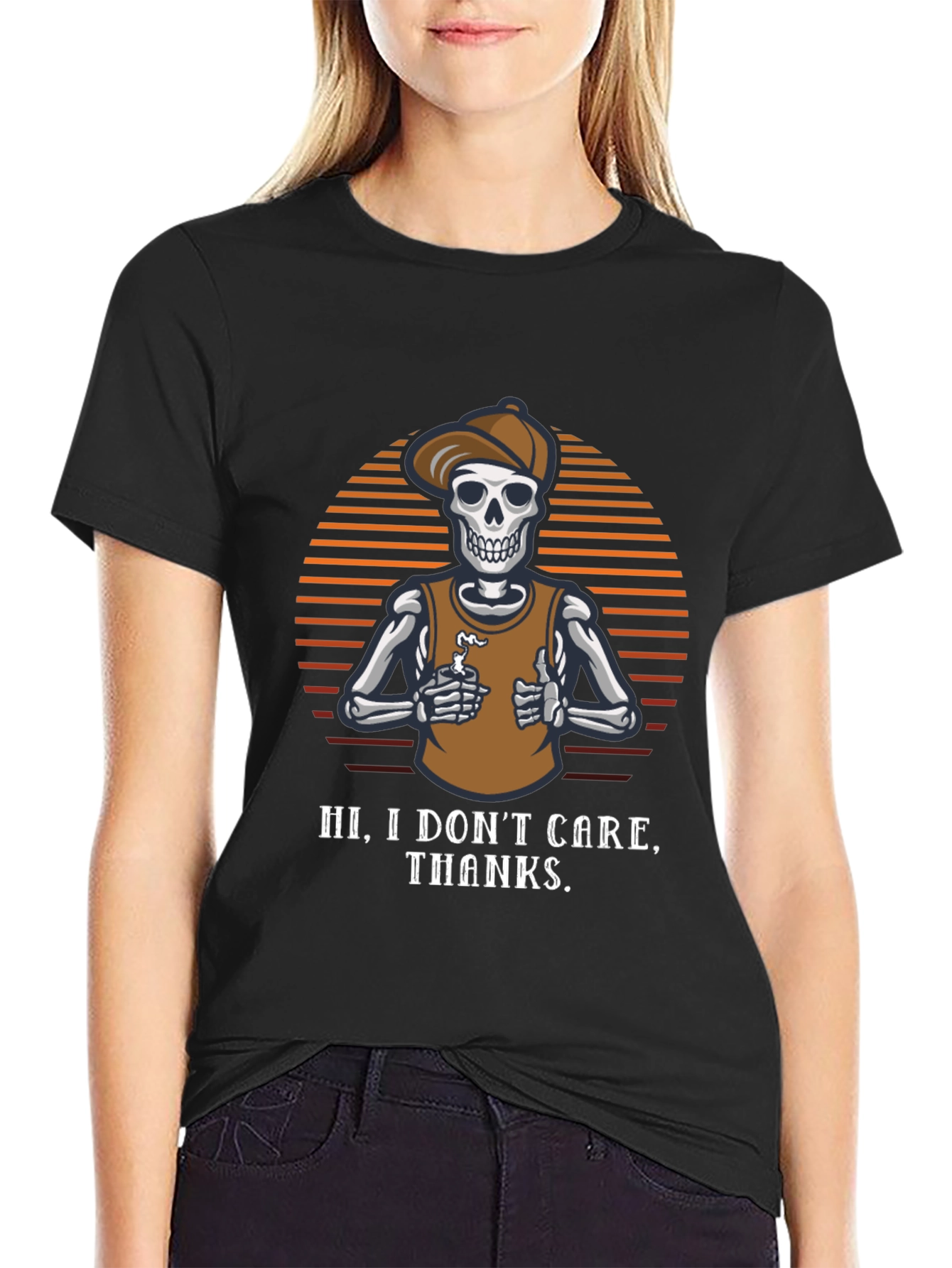 Black Funny Skeleton Graphic Tee - "Hi, I Don't Care, Thanks" view 2