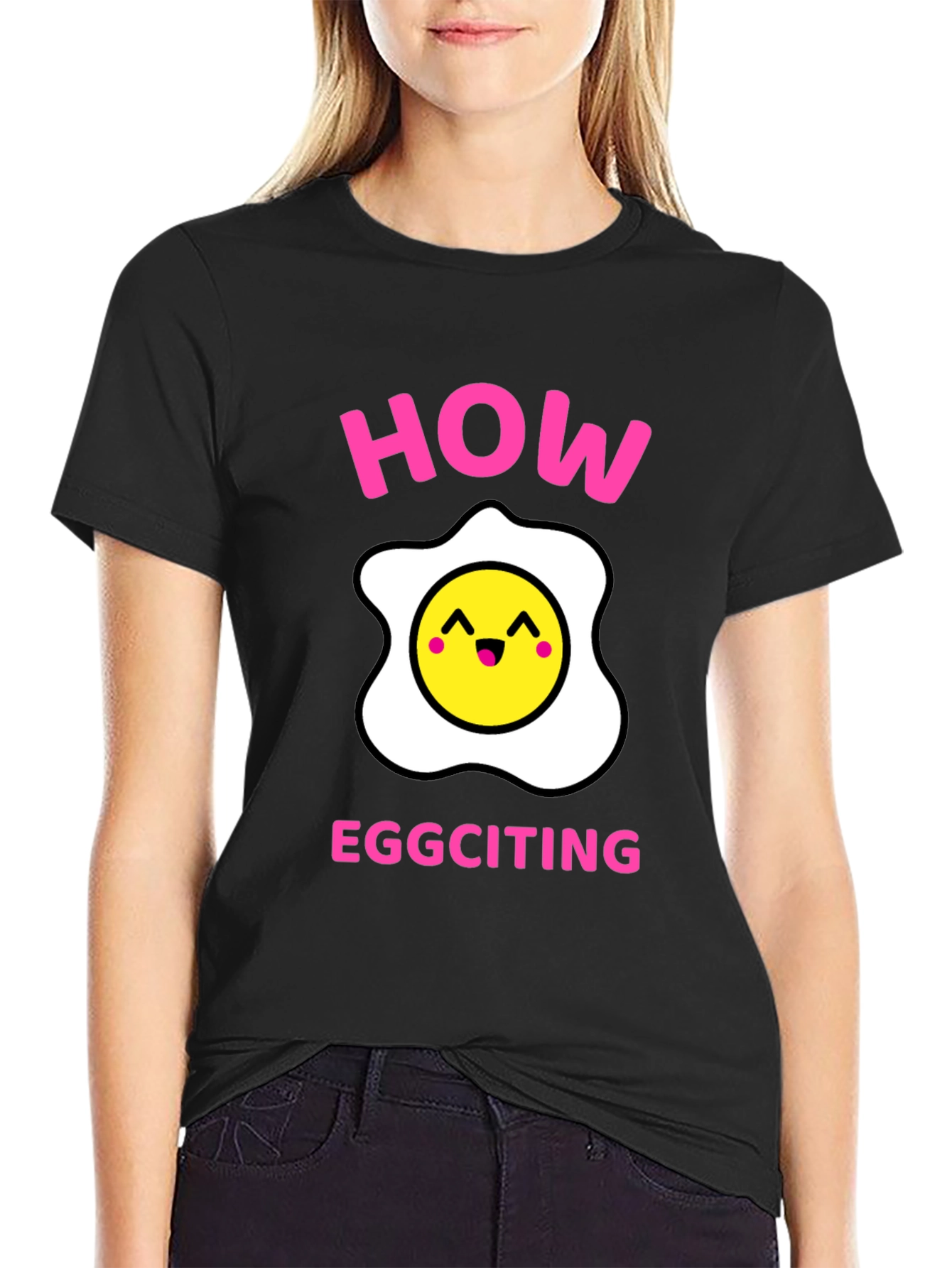 Black How Eggciting! Novelty T-Shirt - Funny Egg Pun Tee view 2