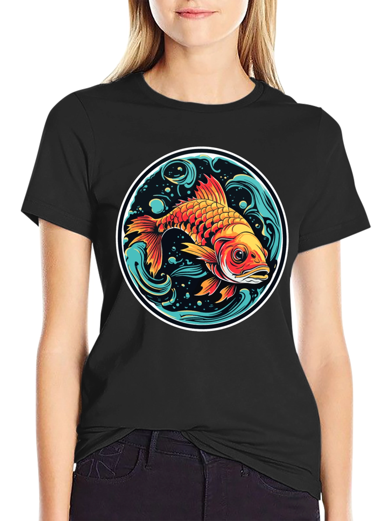 Black Koi Fish Graphic Tee - Black Cotton Blend view 2