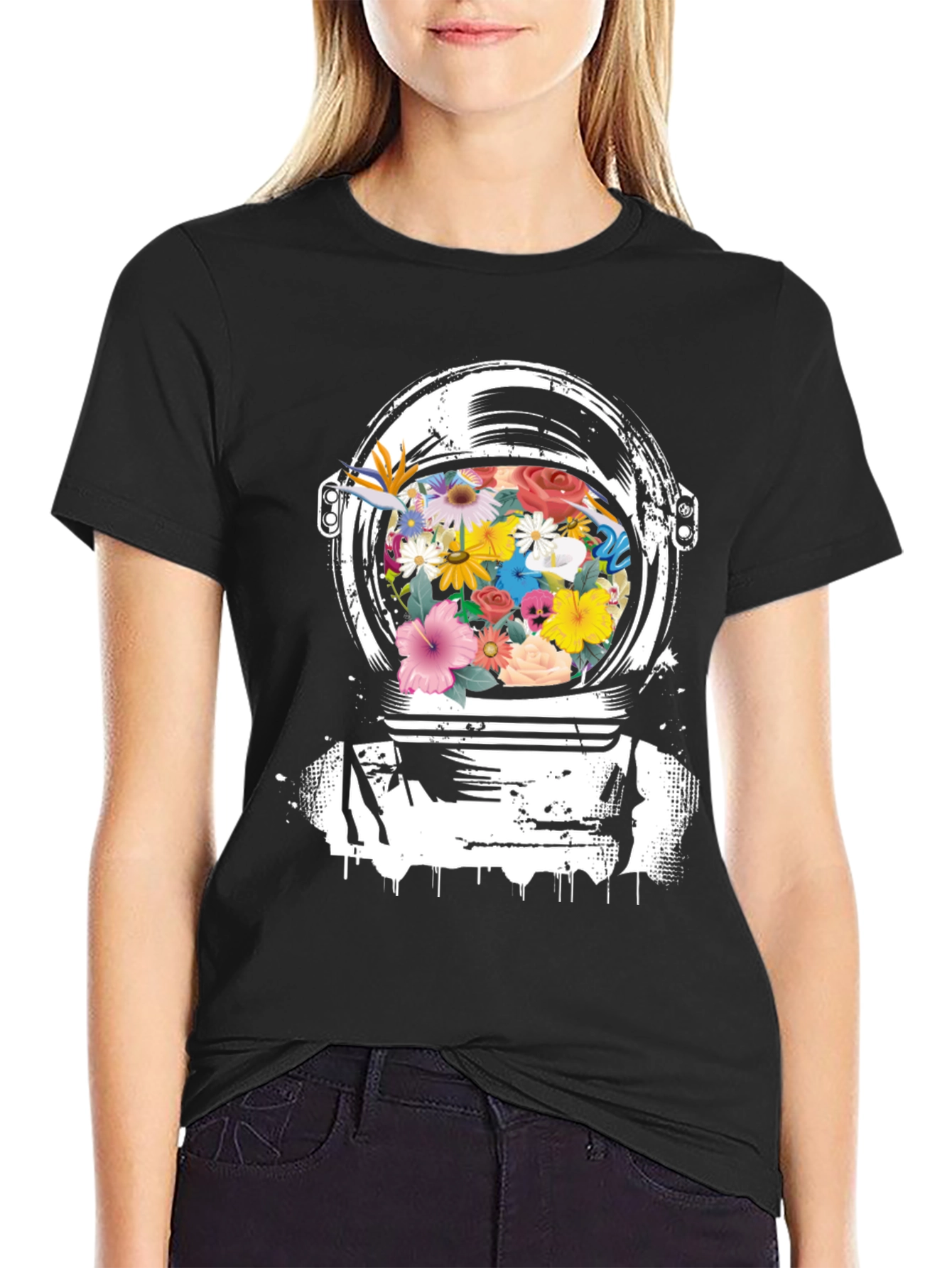 Black Floral Astronaut Helmet Graphic Tee - Black view 2