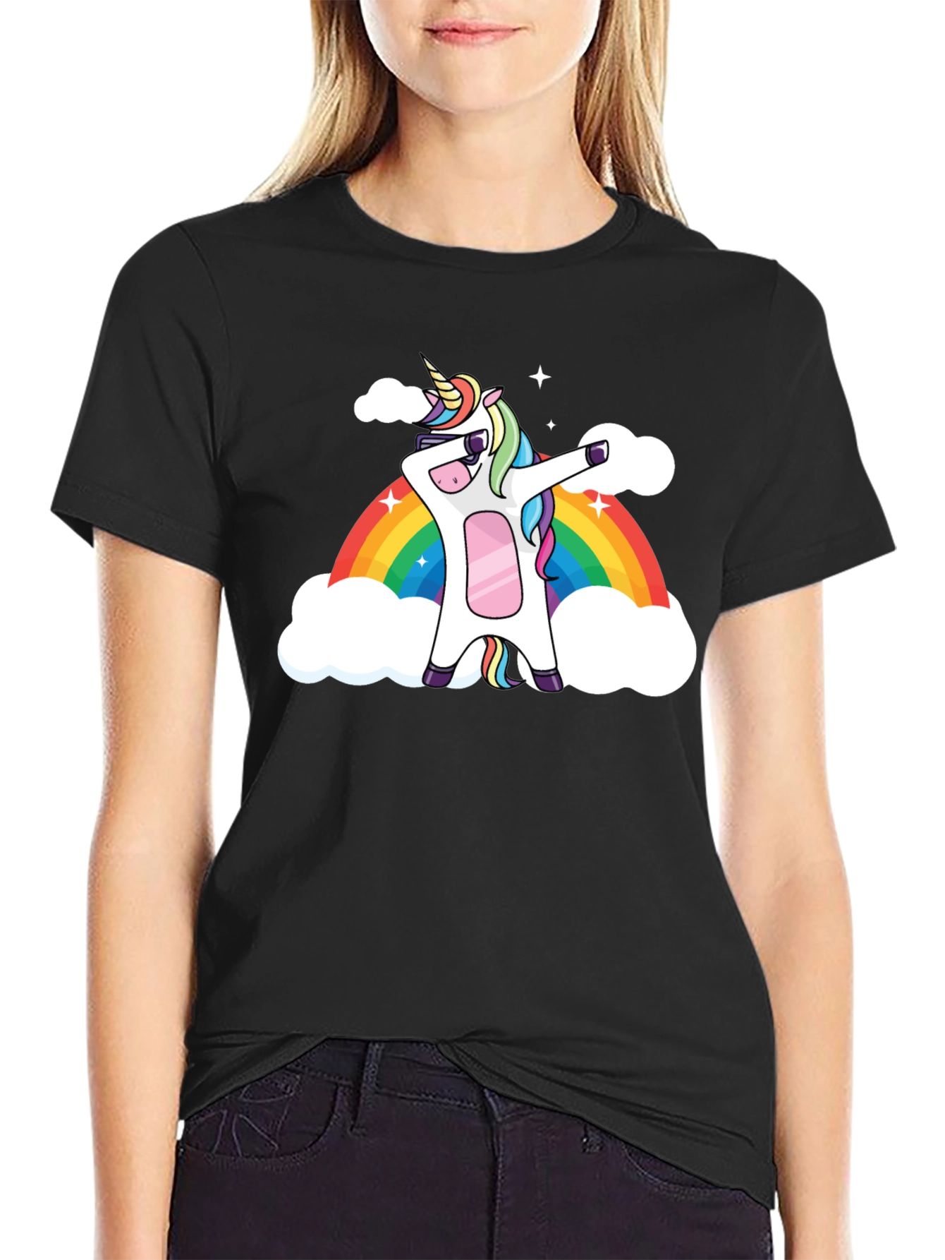 Black Unicorn Dab Rainbow Graphic T-Shirt view 2