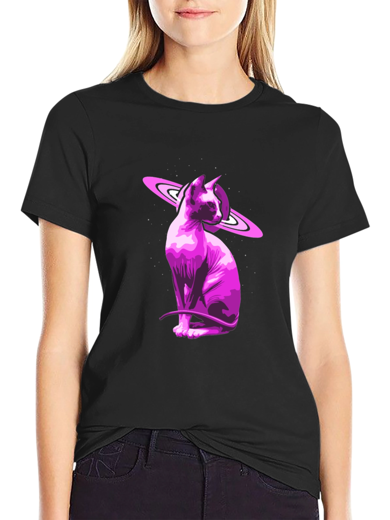Black Cosmic Sphynx Cat Graphic Tee - Black view 2
