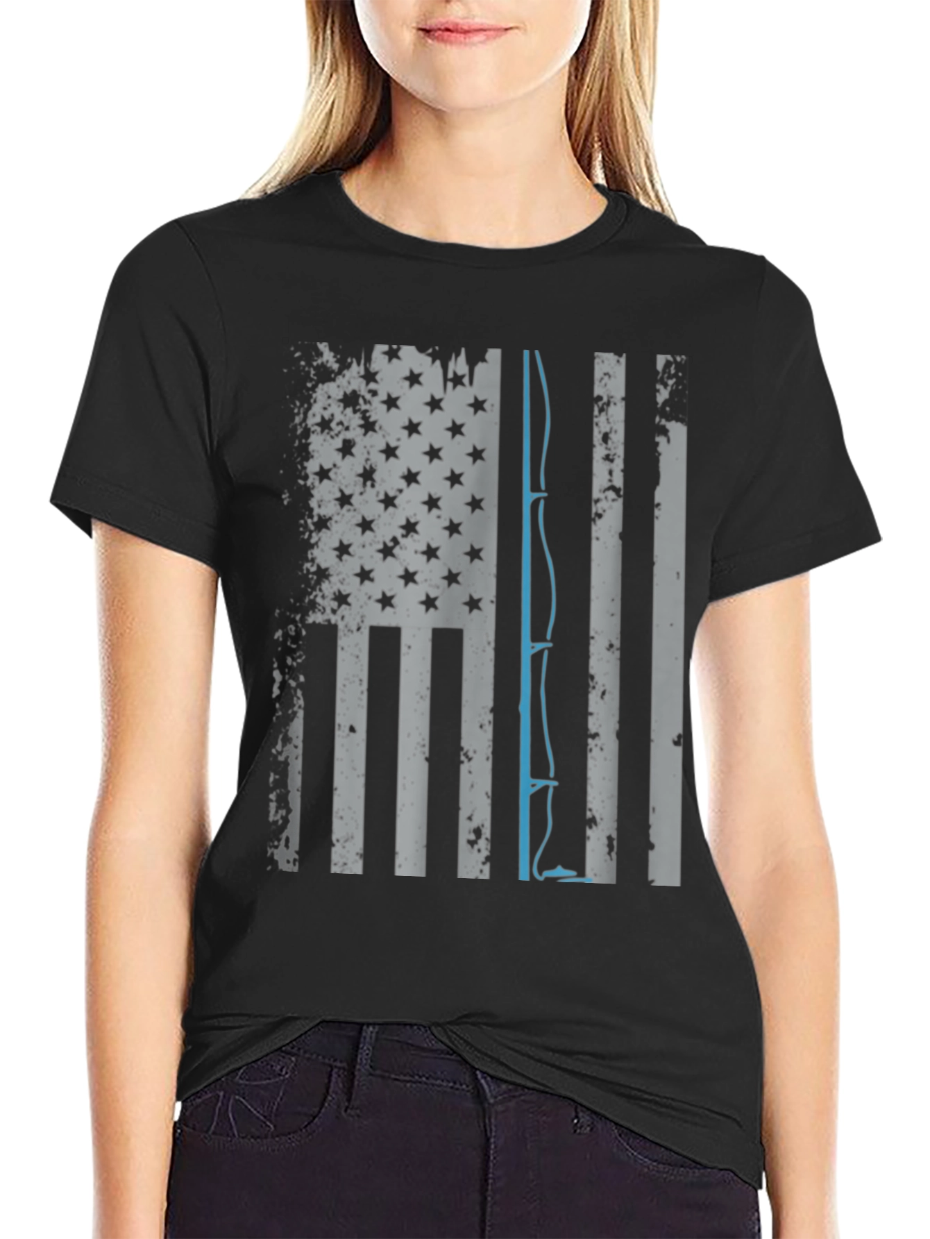 Black Fishing Rod USA Flag Graphic T-Shirt view 2