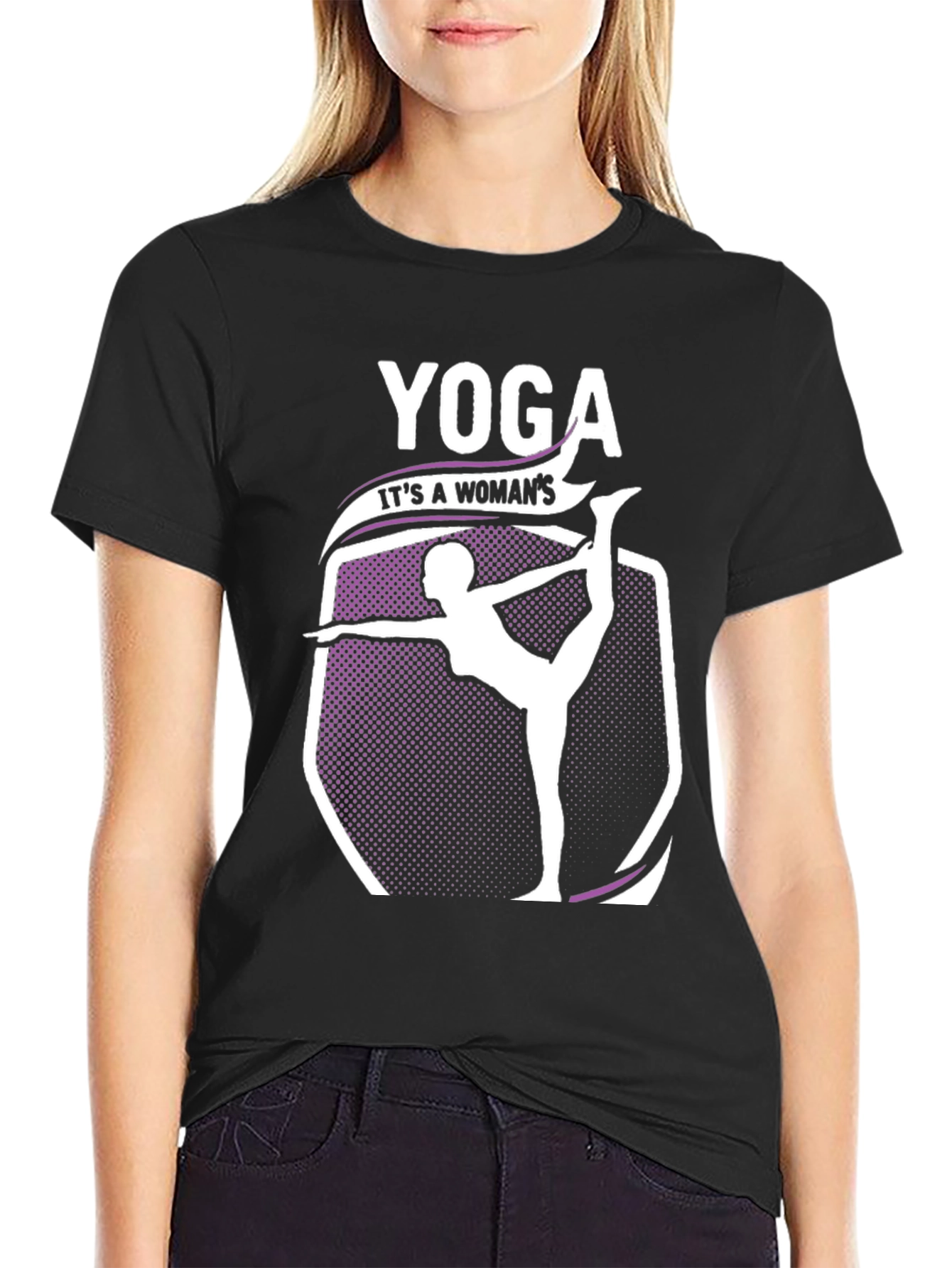 Black Yoga Woman's T-Shirt - Black Cotton Blend view 2