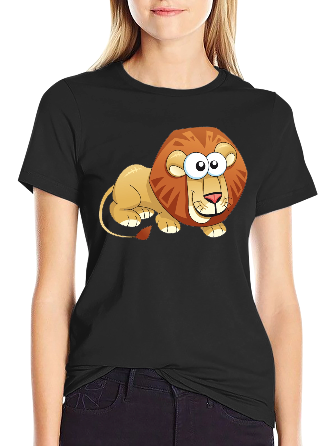 Black Cartoon Lion Graphic T-Shirt - Casual Black Tee view 2