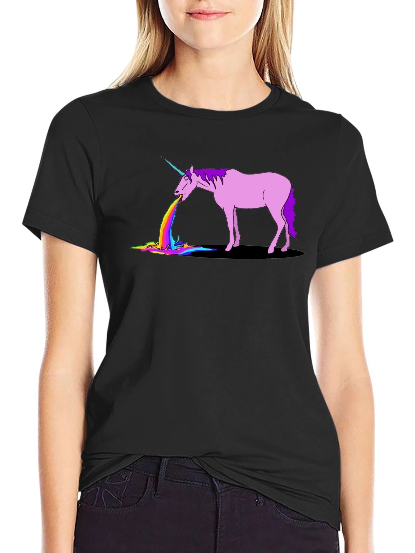 Black Unicorn Rainbow Puke Graphic T-Shirt view 2