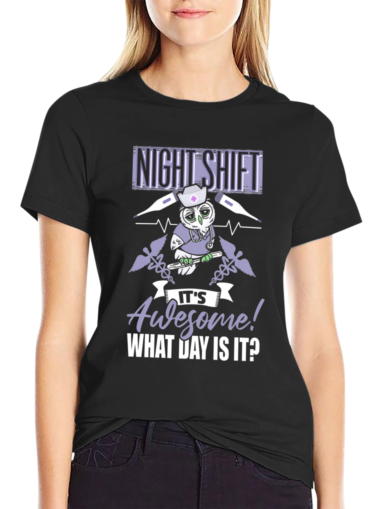 Black Night Shift Nurse Owl Graphic T-Shirt view 2