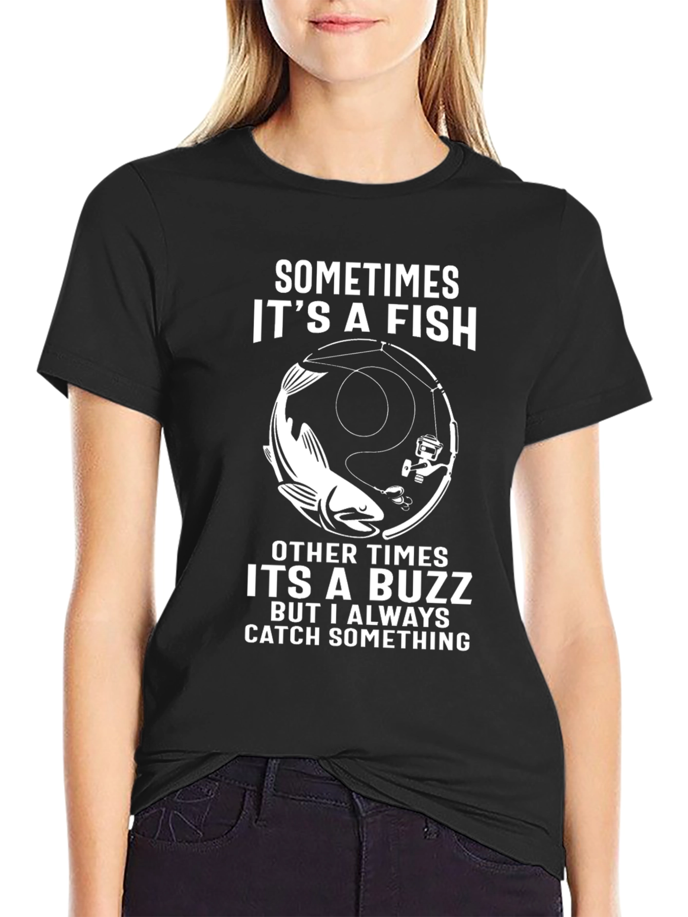 Black Funny Fishing T-Shirt - Catch Something Design view 2