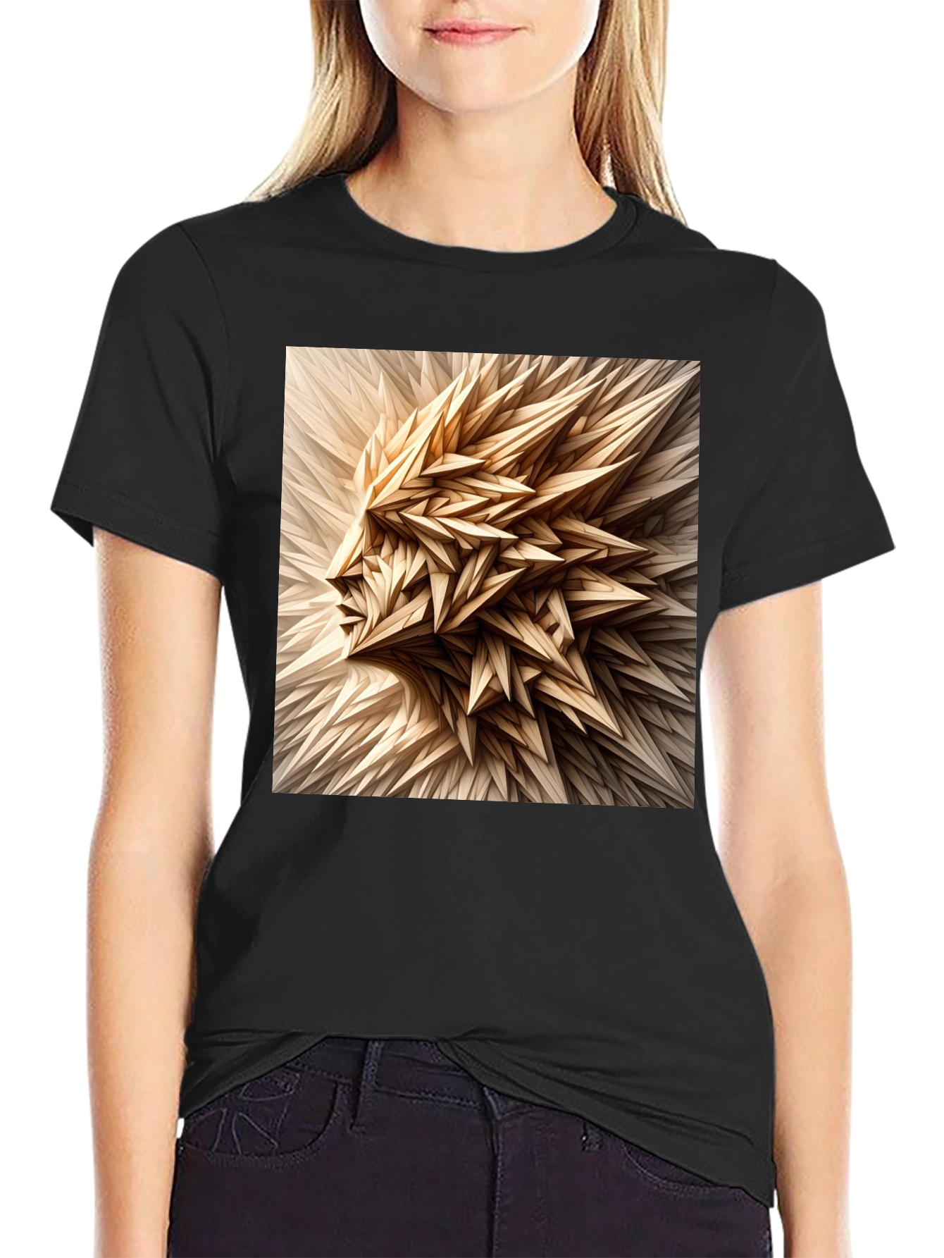 Black Abstract Geometric Face Graphic Black T-Shirt view 2