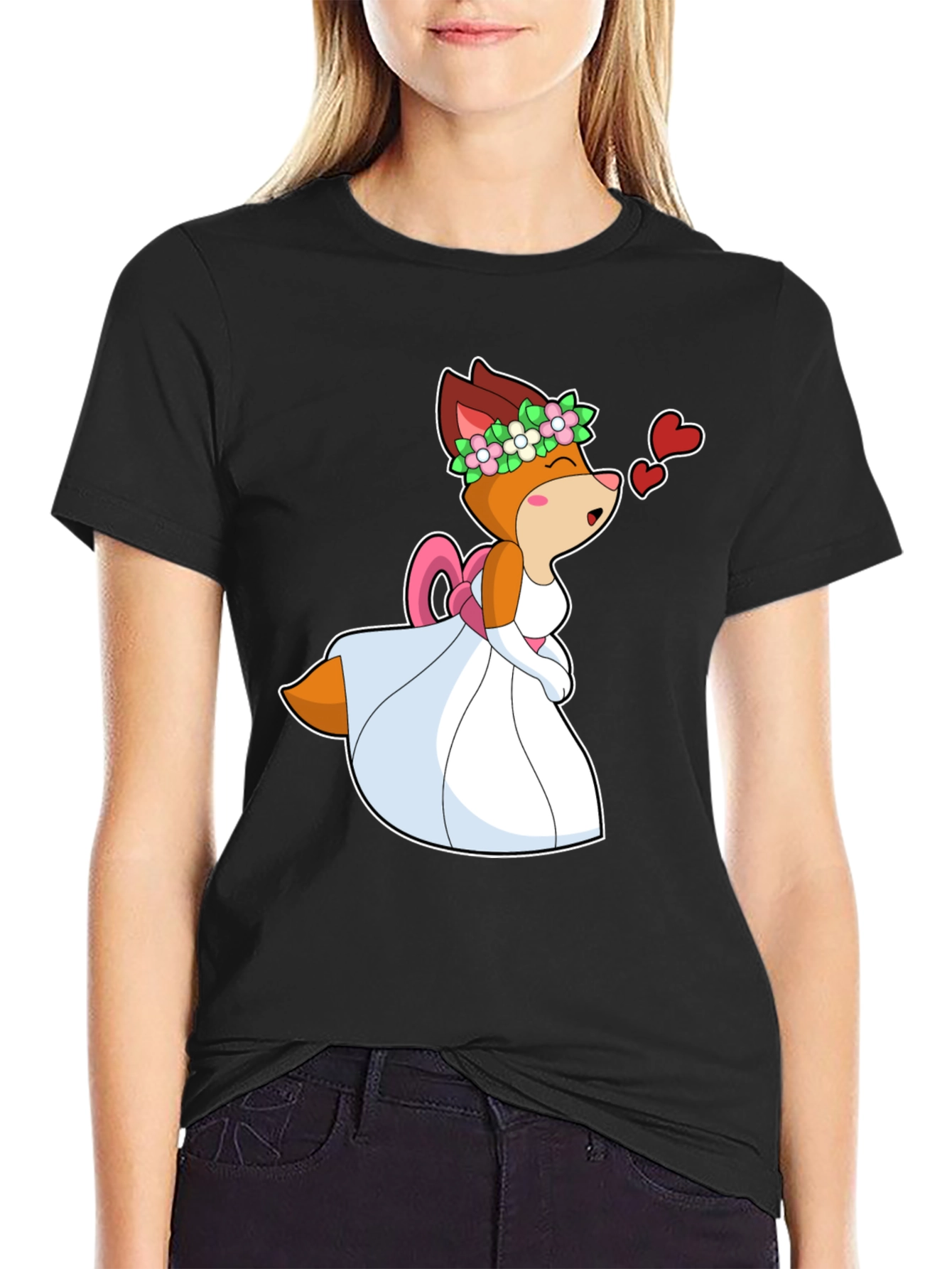 Black Cartoon Fox Bride T-Shirt - Love is in the Air! view 2