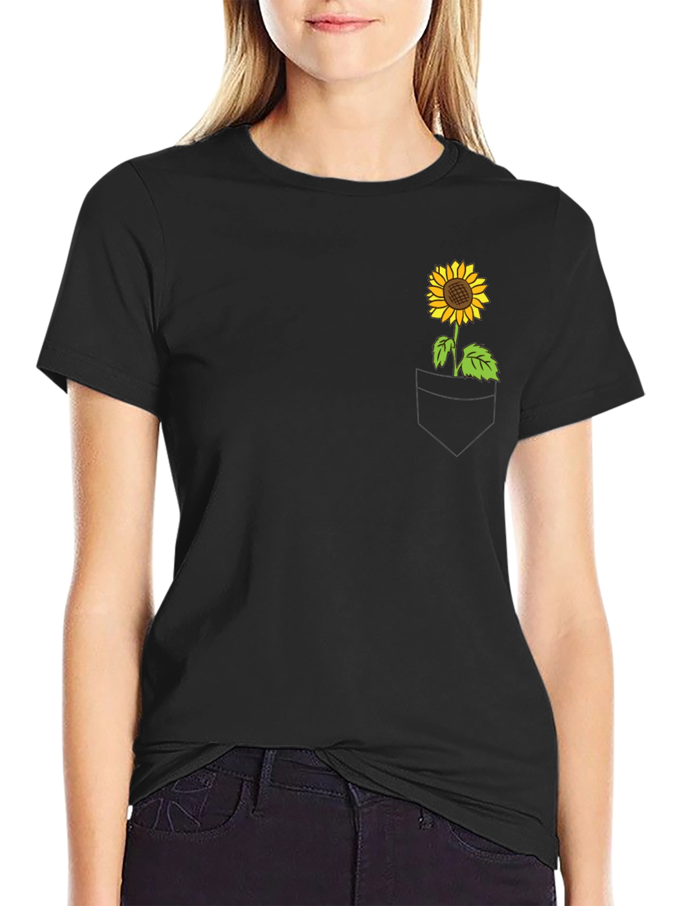 Black Sunflower Pocket Graphic Tee - Casual Black T-Shirt view 2